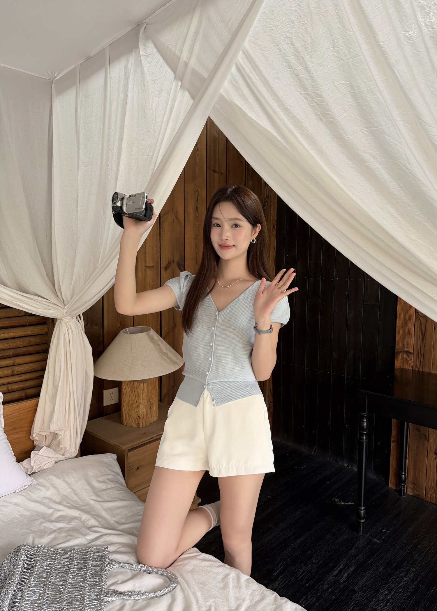 Liana Pearl Buttoned Knit in Baby Blue