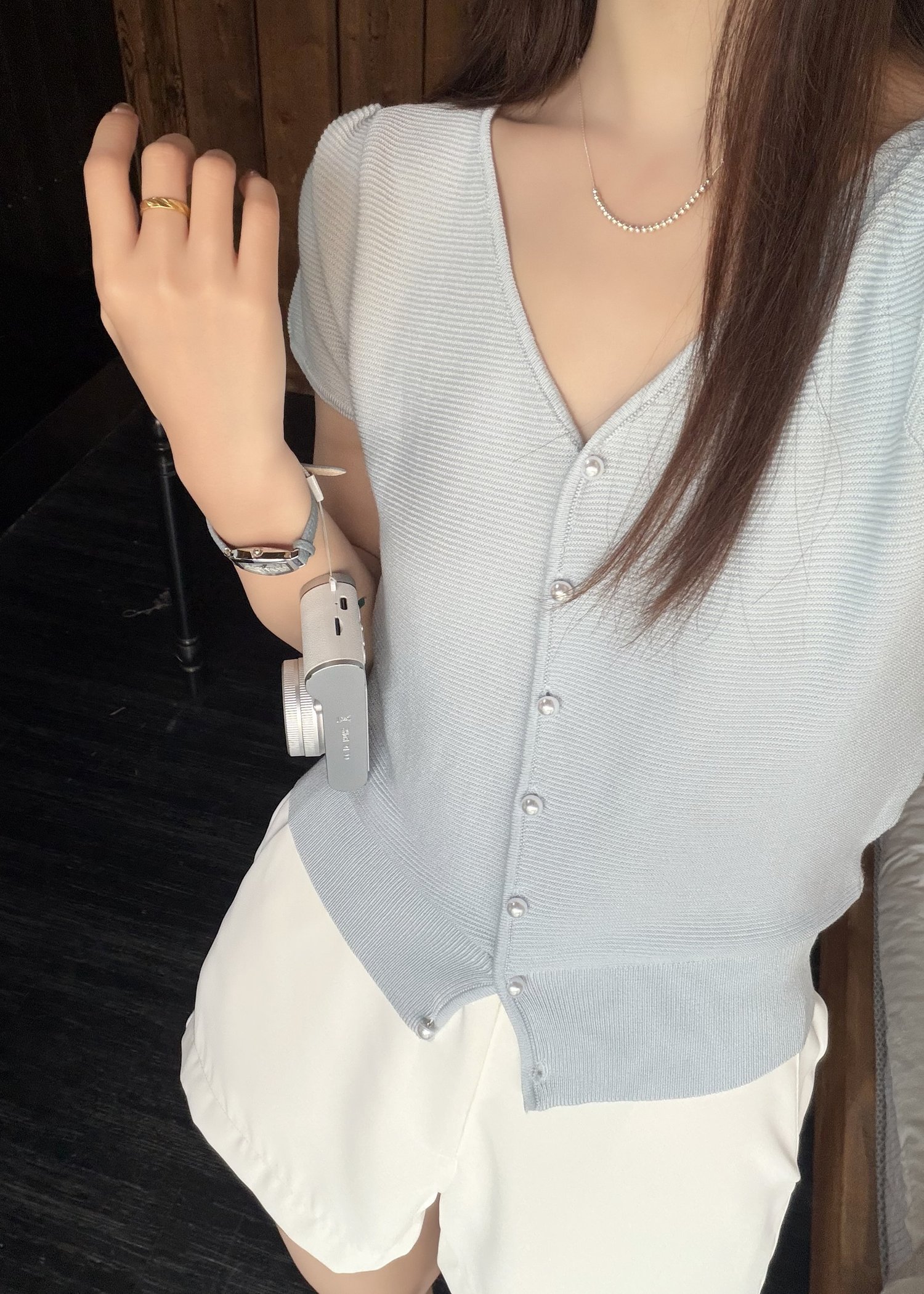 Liana Pearl Buttoned Knit in Baby Blue