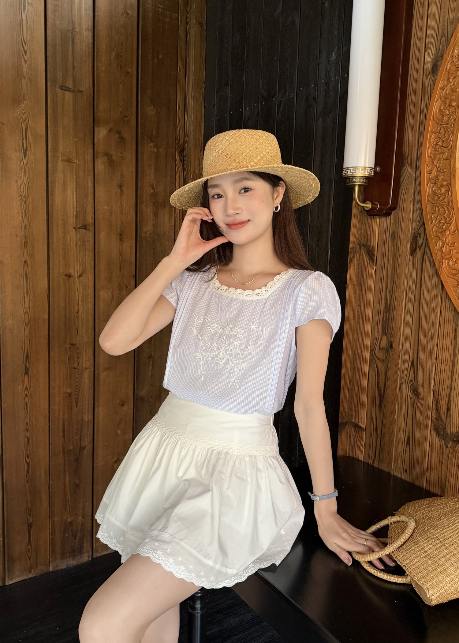 Elise Embroidery Lacey Blouse in Blue