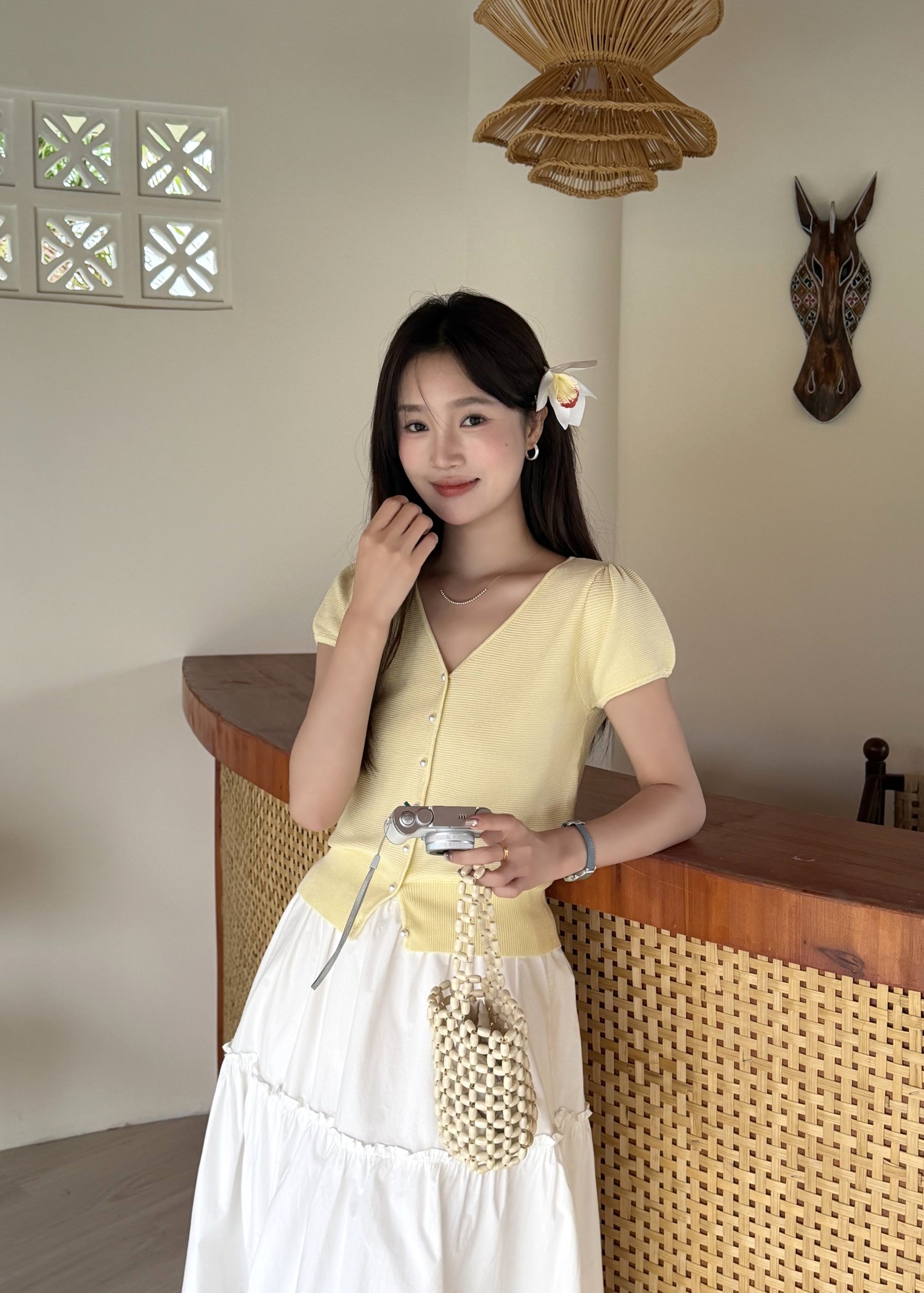 Liana Pearl Buttoned Knit in Baby Yellow