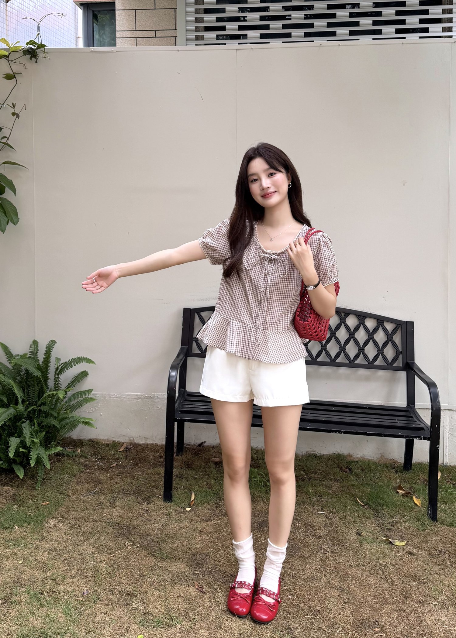 Elina Grid Flare Blouse in Pink Choco