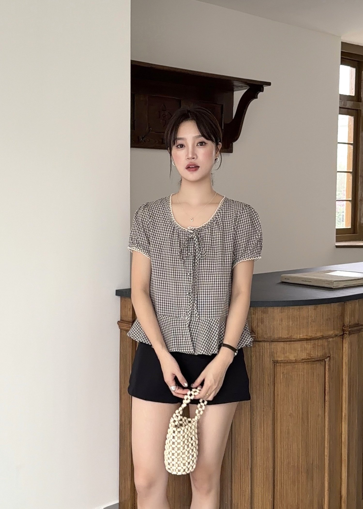 Elina Grid Flare Blouse in Navy Choco