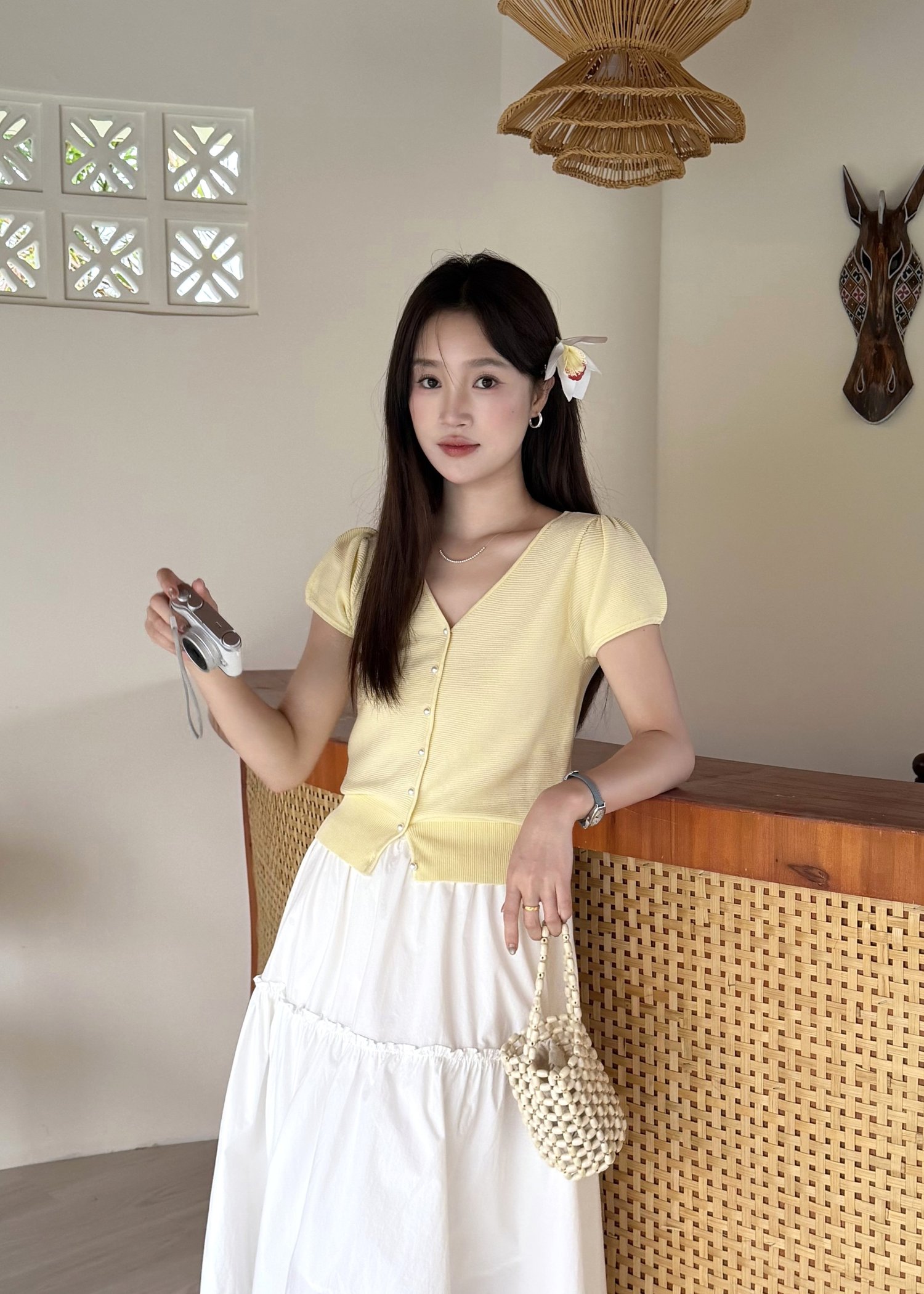 Liana Pearl Buttoned Knit in Baby Yellow