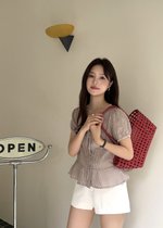 Elina Grid Flare Blouse in Pink Choco