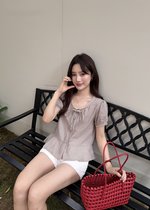 Elina Grid Flare Blouse in Pink Choco