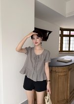 Elina Grid Flare Blouse in Navy Choco