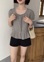 Elina Grid Flare Blouse in Navy Choco