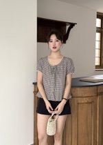 Elina Grid Flare Blouse in Navy Choco