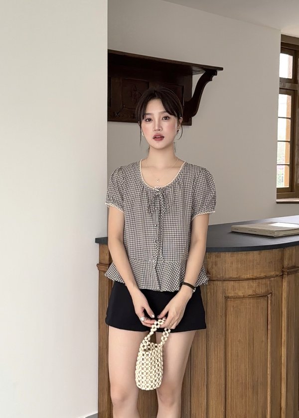 Elina Grid Flare Blouse in Navy Choco