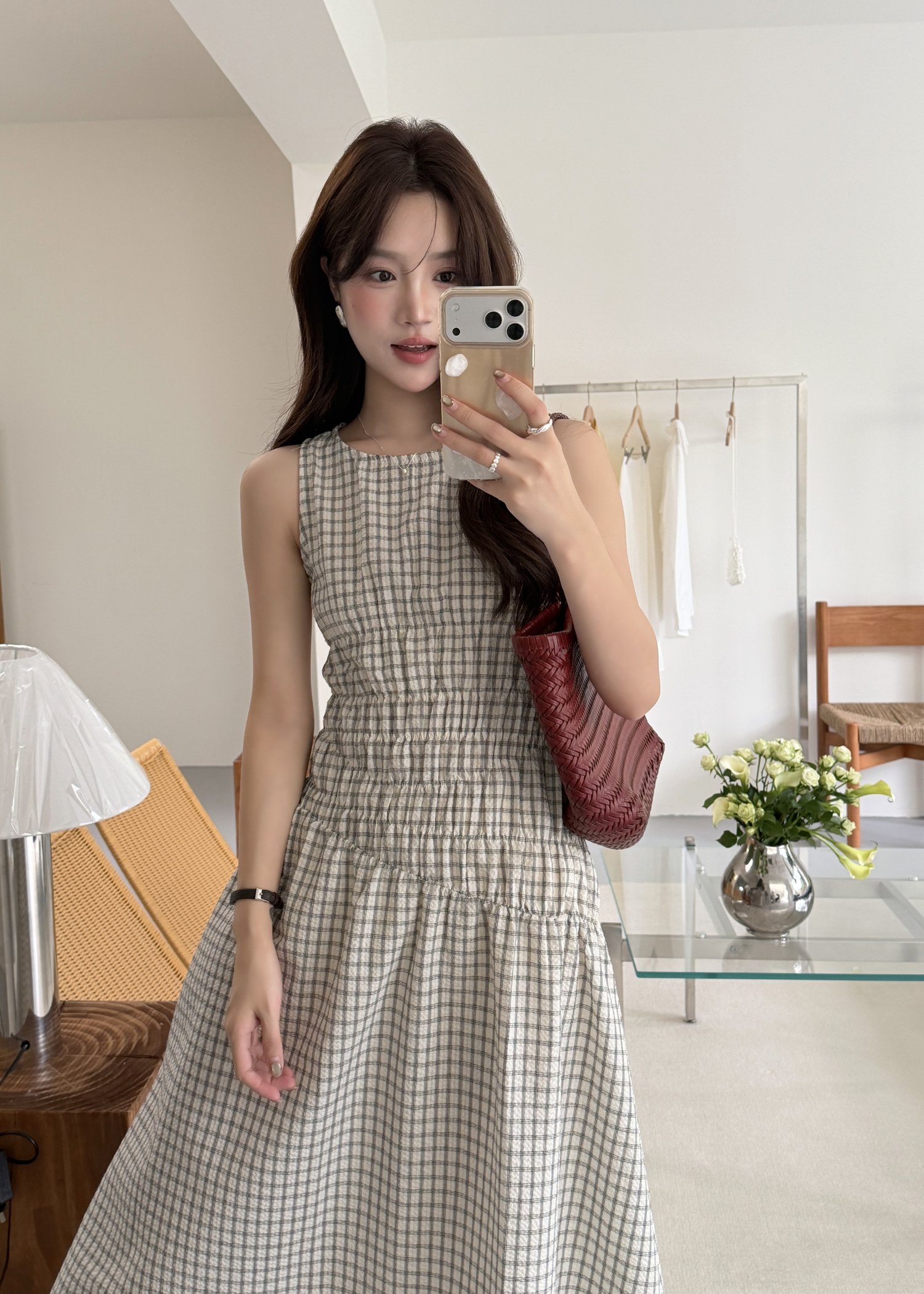 Celeste Grid Long Dress in White