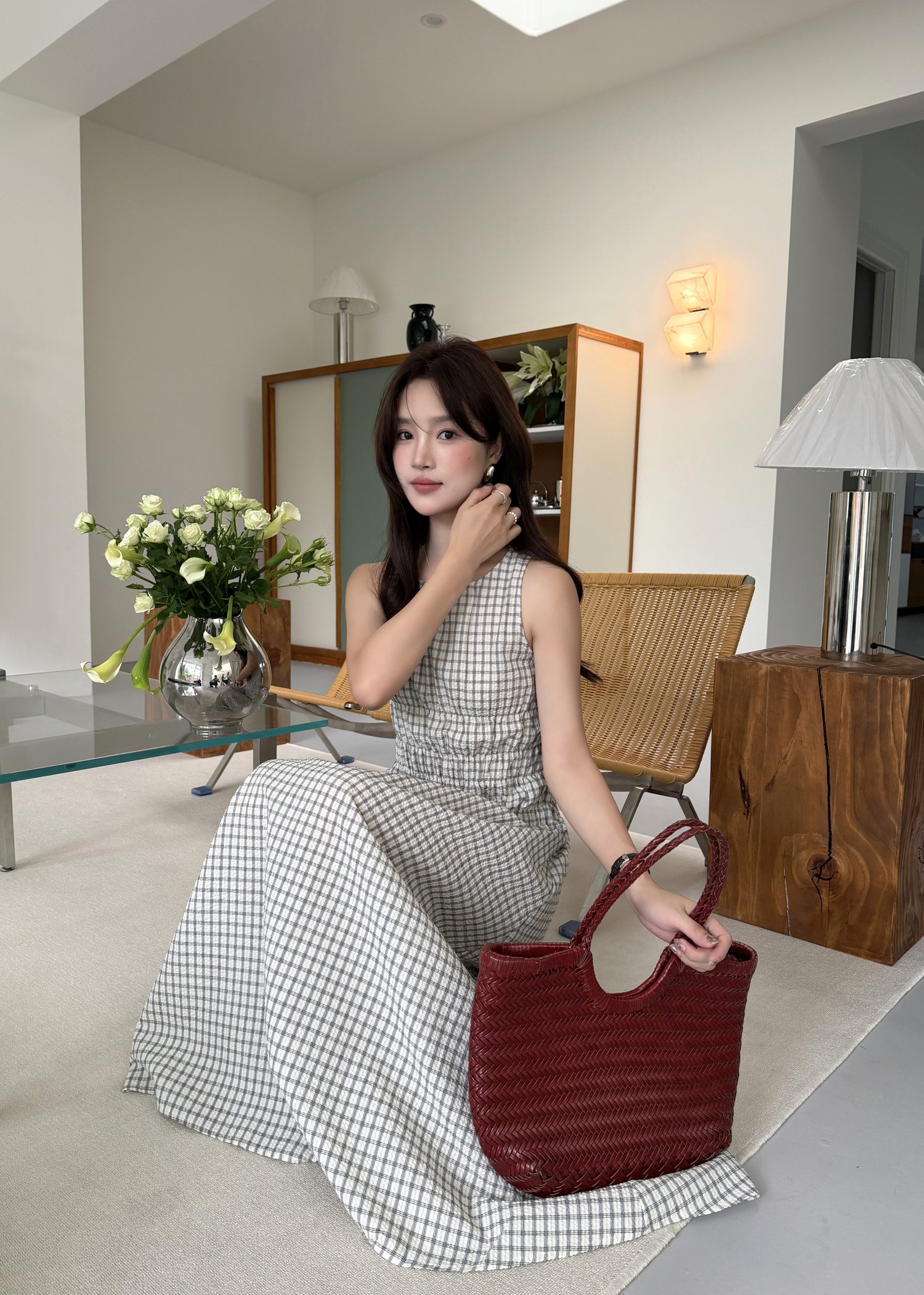 Celeste Grid Long Dress in White