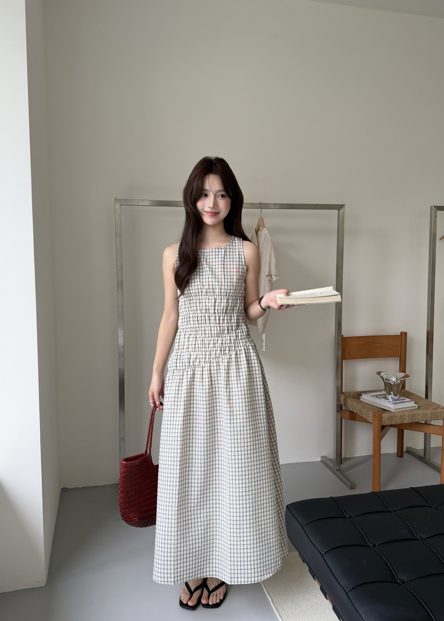 Celeste Grid Long Dress in White