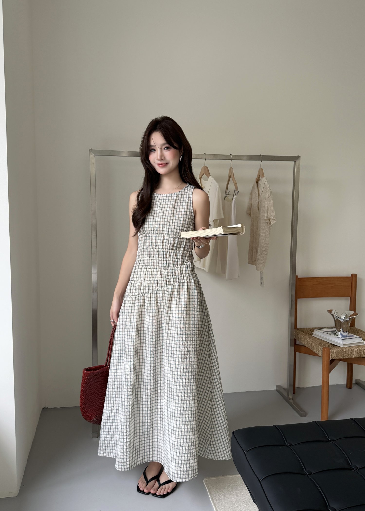 Celeste Grid Long Dress in White