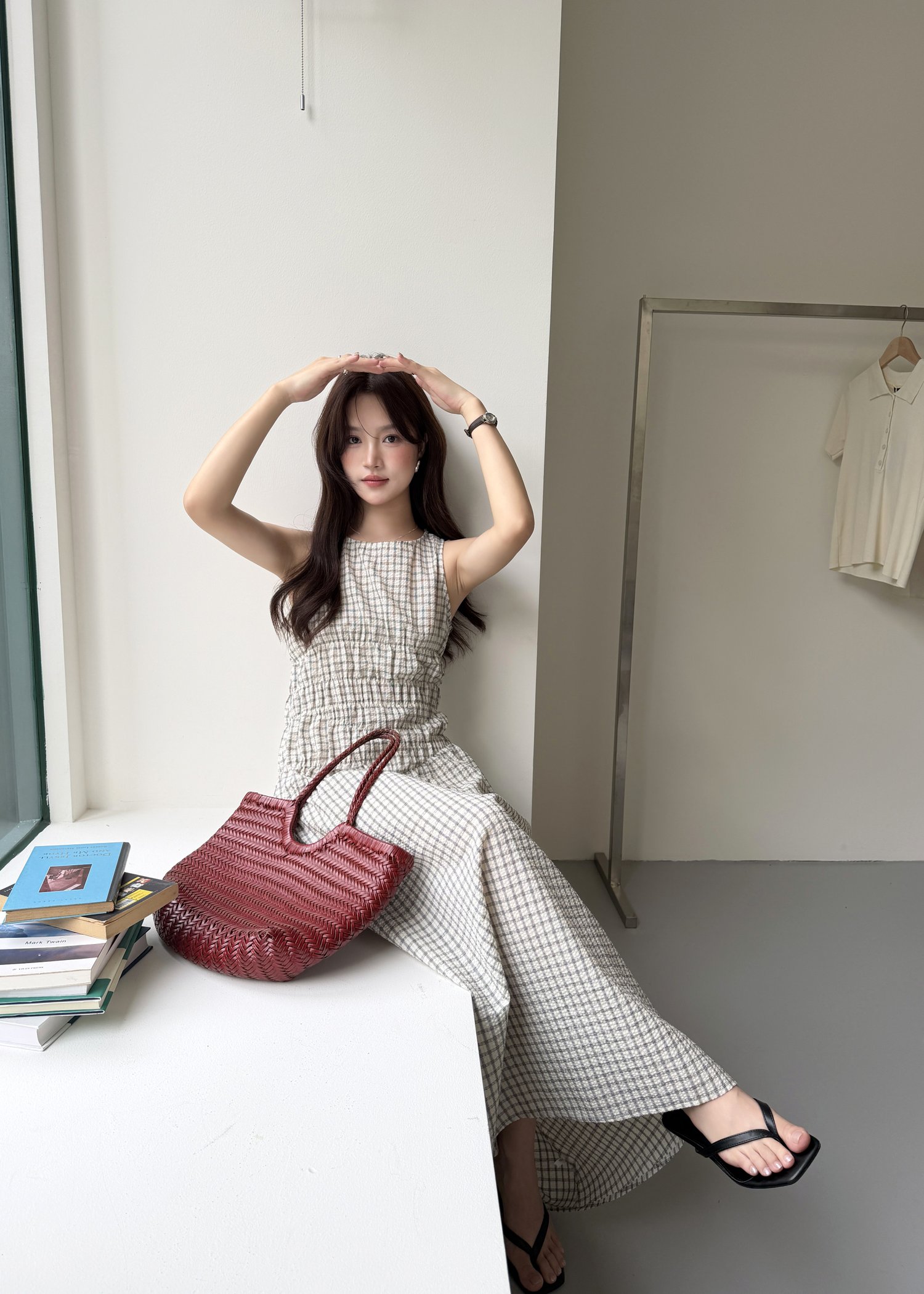 Celeste Grid Long Dress in White