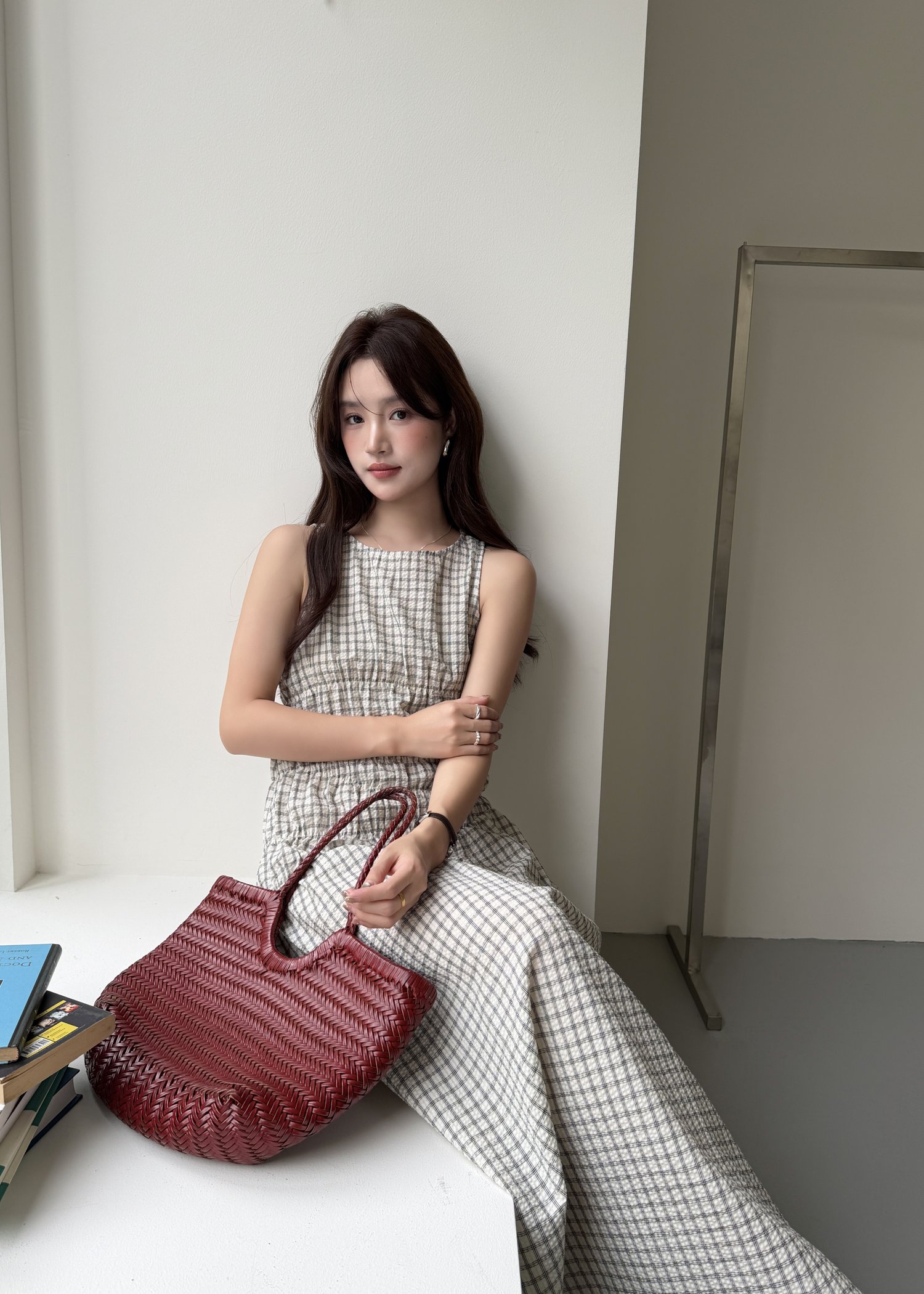 Celeste Grid Long Dress in White