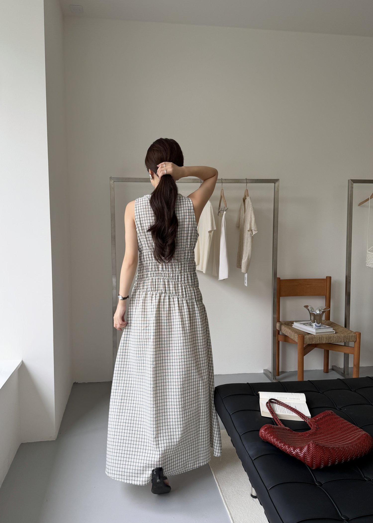 Celeste Grid Long Dress in White