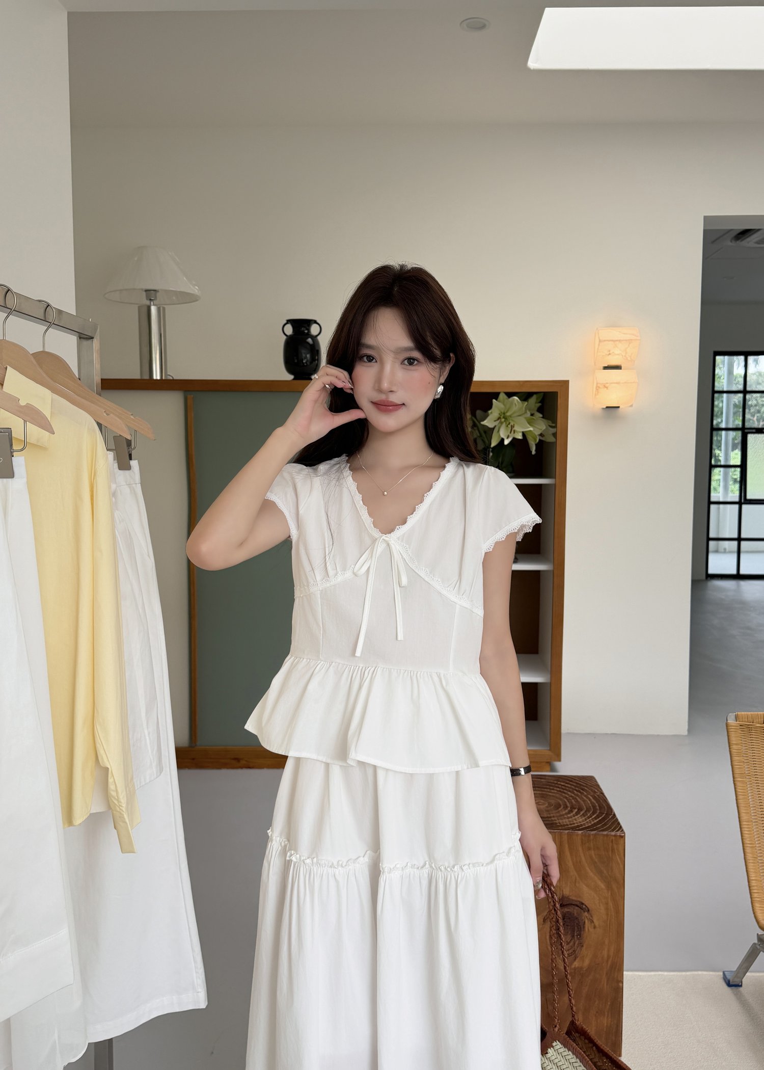 Alice Ribbon Lacey Blouse in White