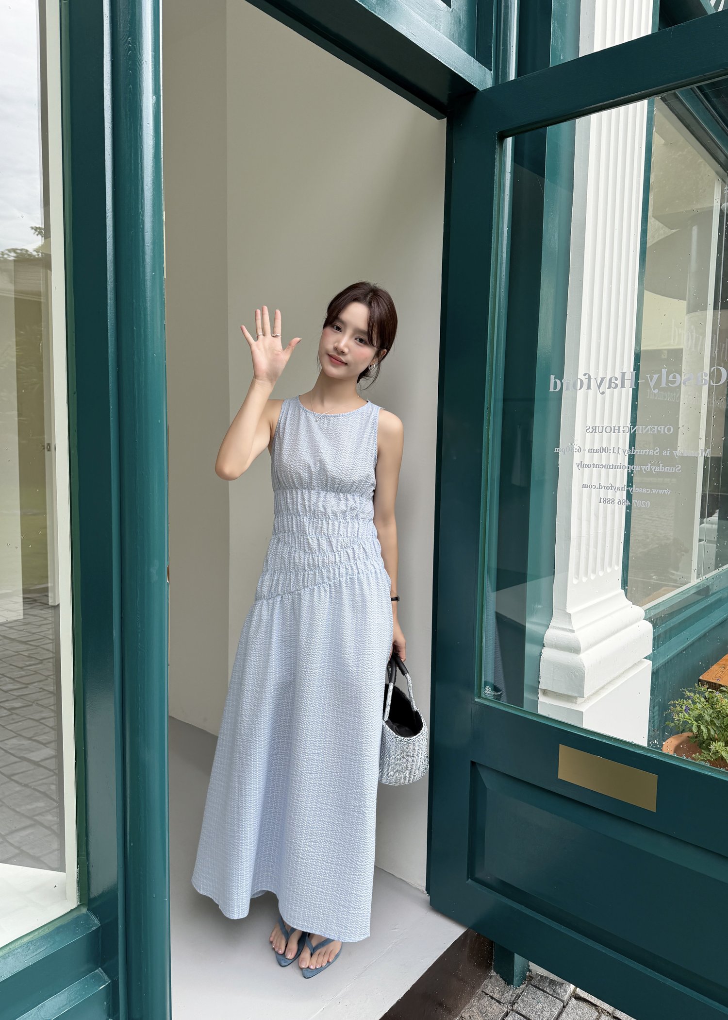 Celeste Grid Long Dress in Blue