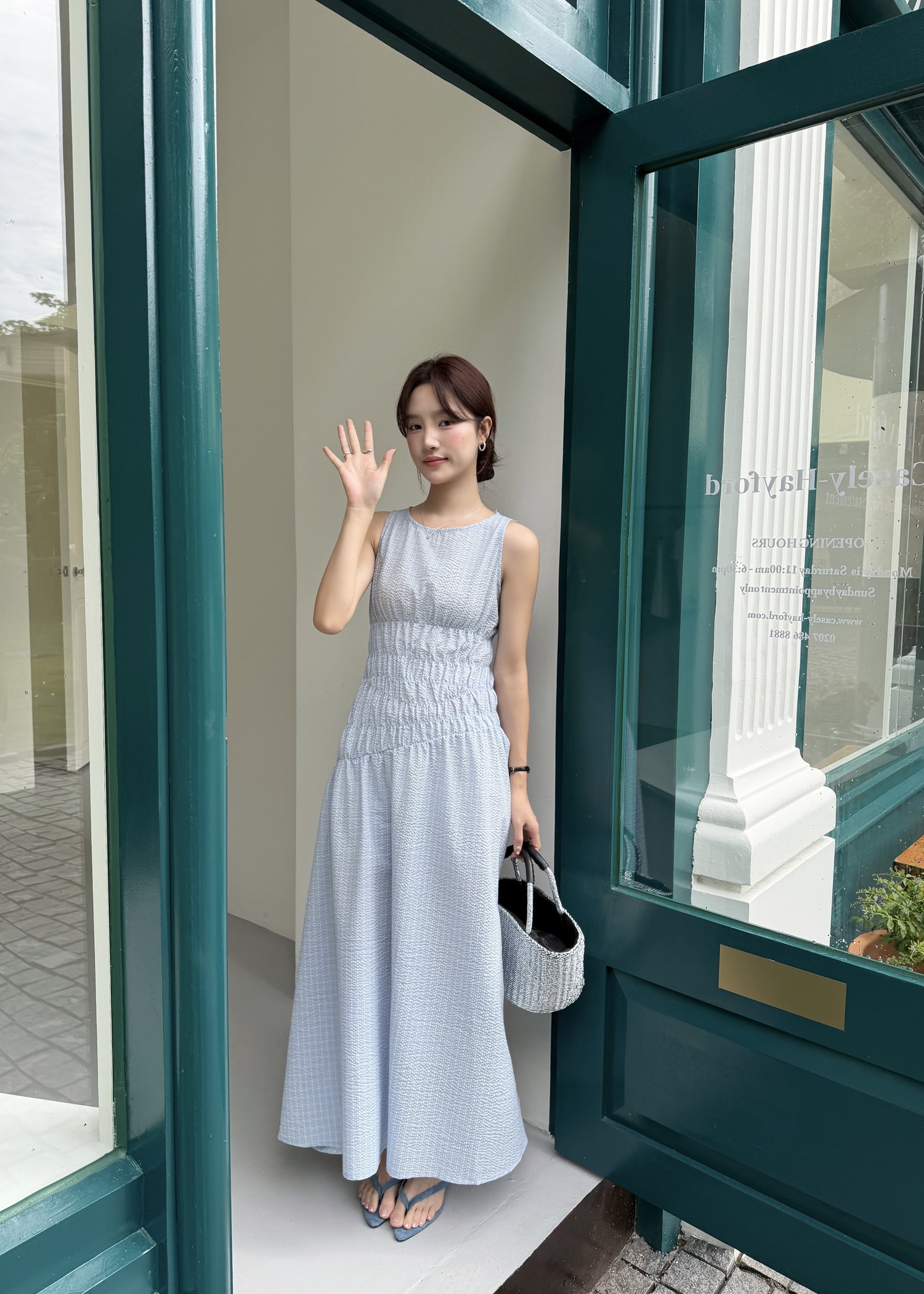 Celeste Grid Long Dress in Blue