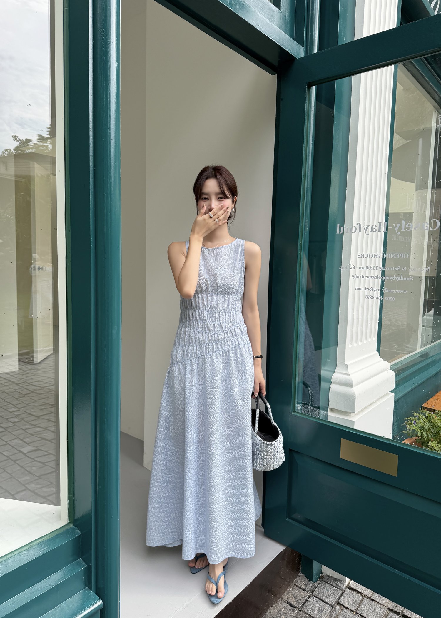 Celeste Grid Long Dress in Blue