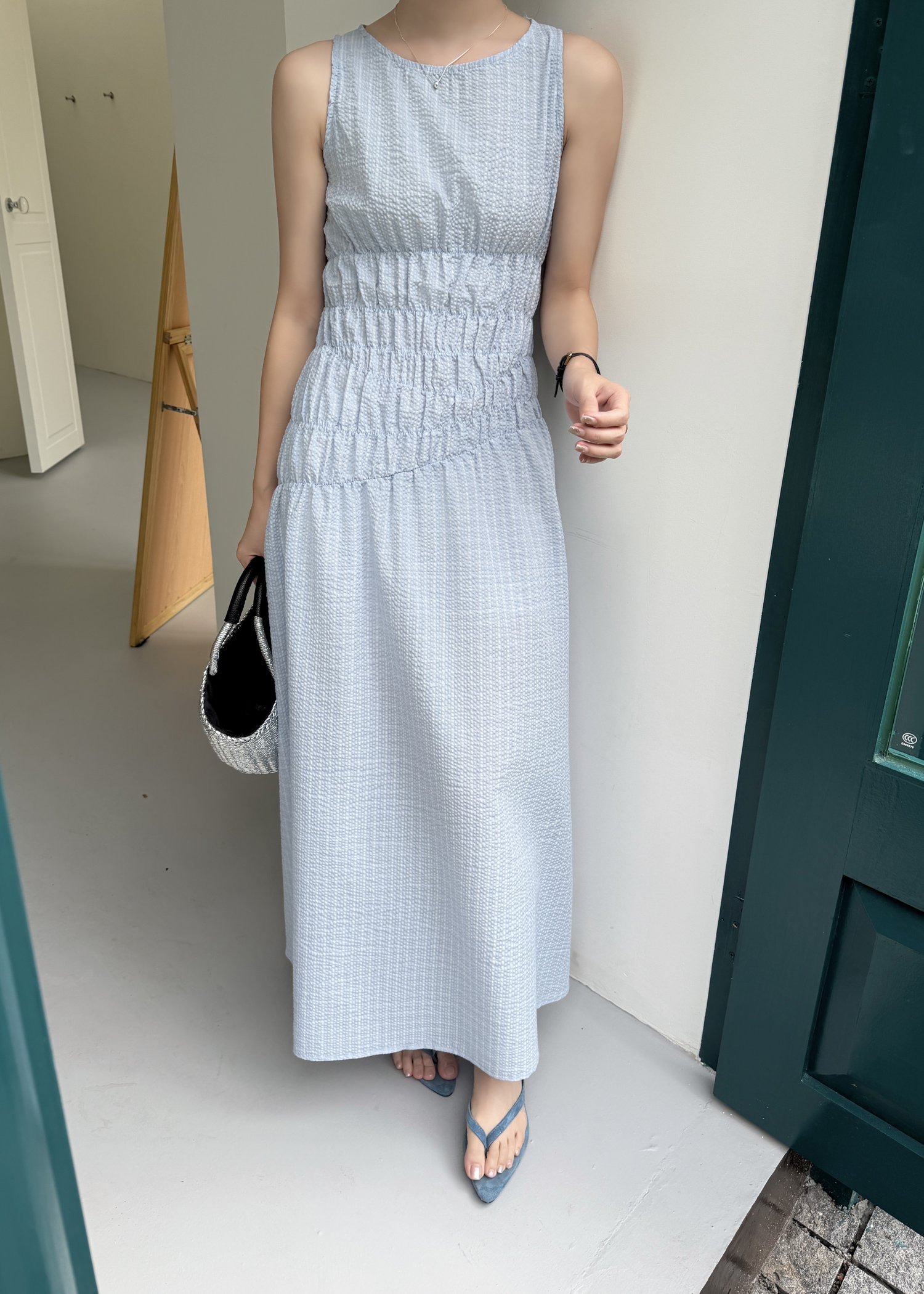 Celeste Grid Long Dress in Blue