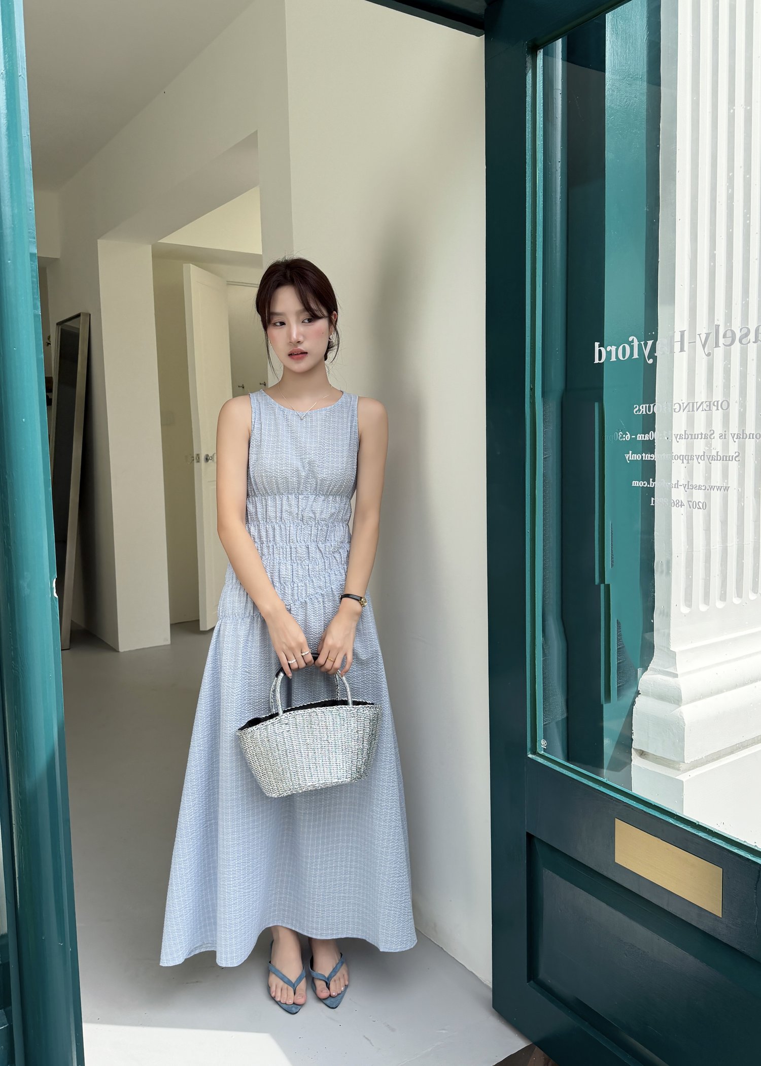 Celeste Grid Long Dress in Blue