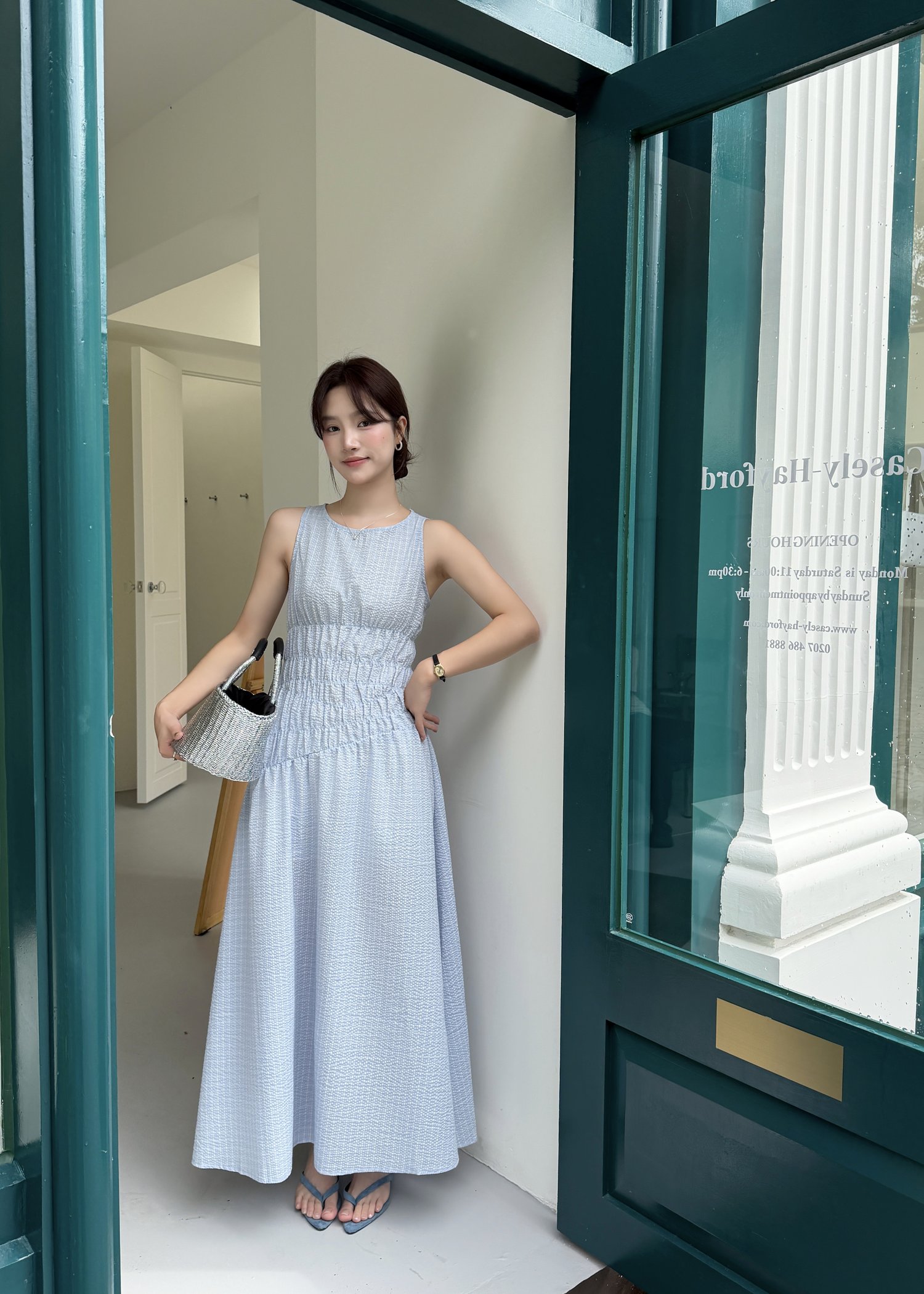 Celeste Grid Long Dress in Blue