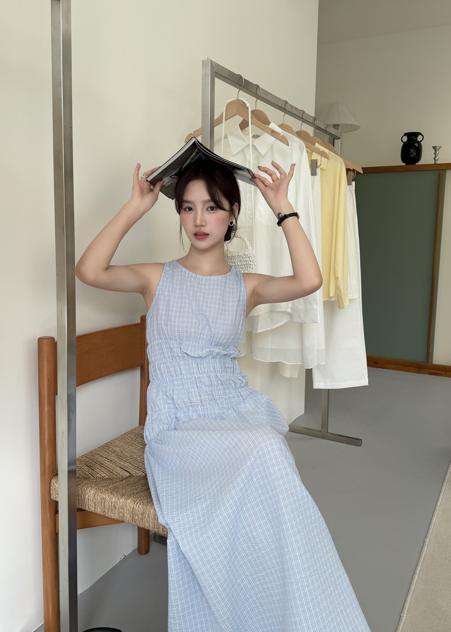 Celeste Grid Long Dress in Blue