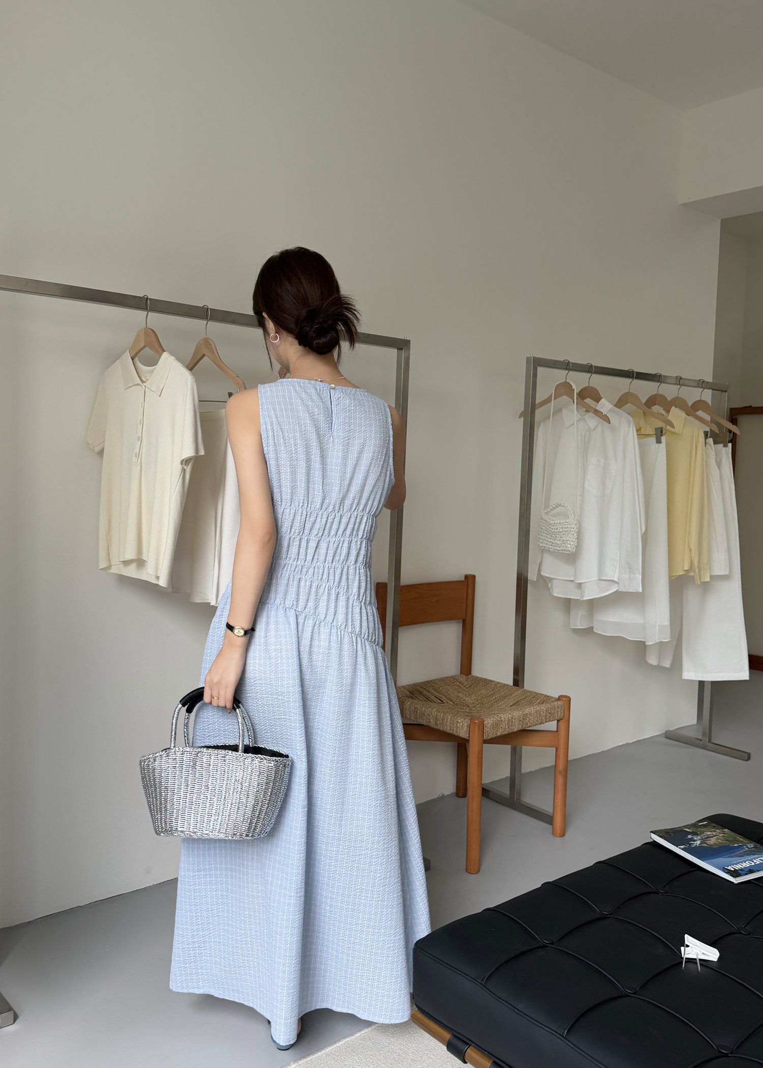 Celeste Grid Long Dress in Blue