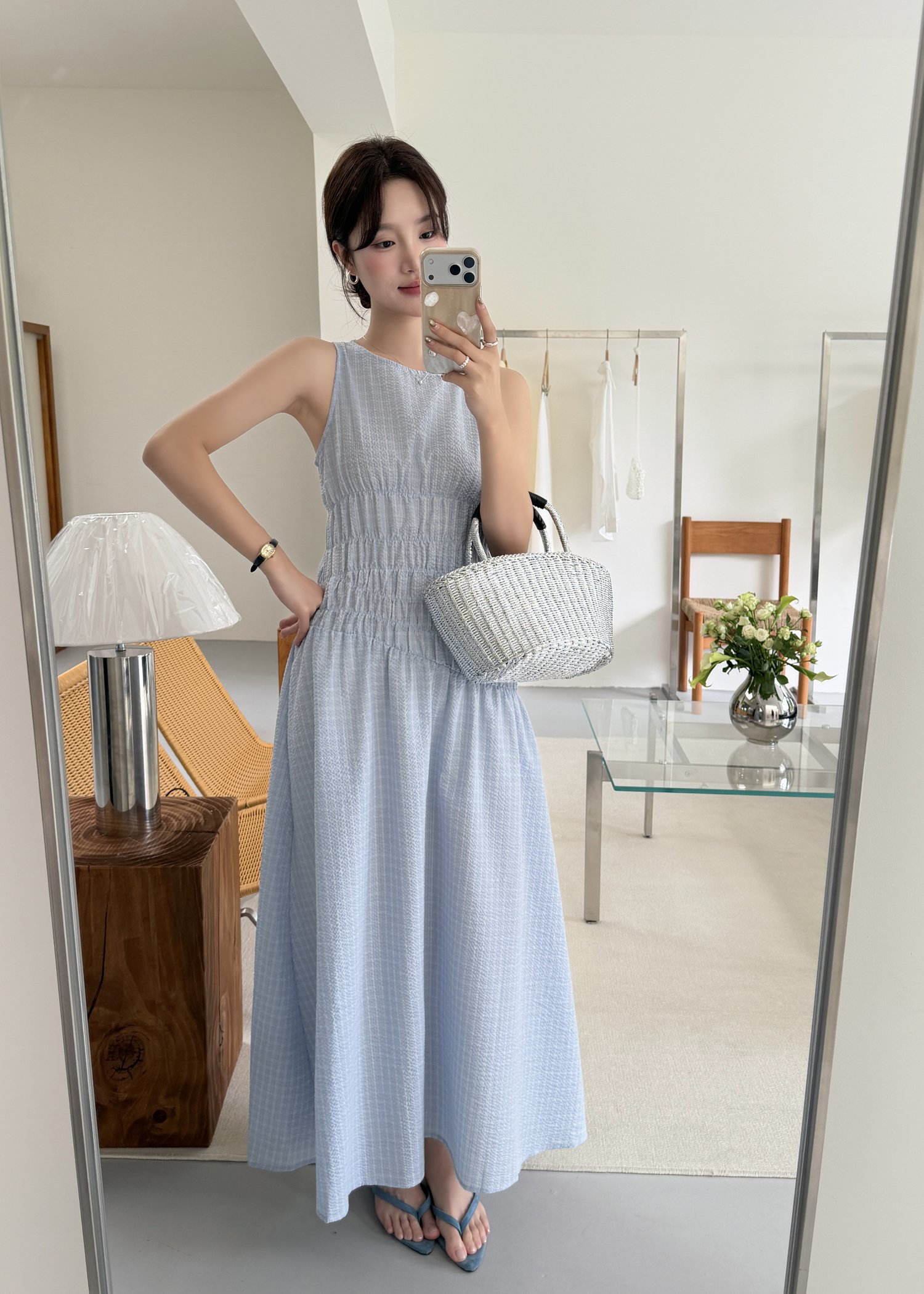Celeste Grid Long Dress in Blue
