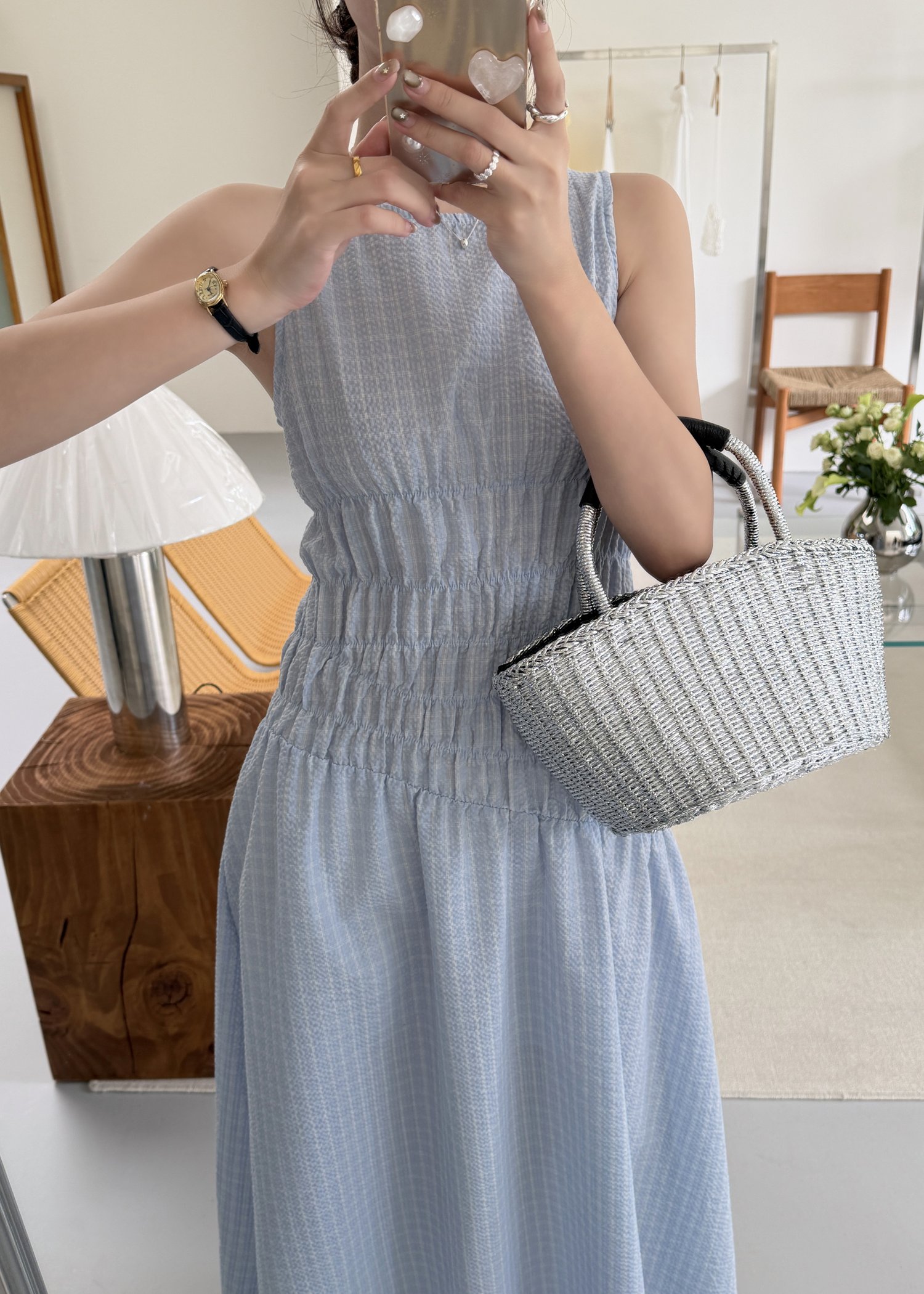 Celeste Grid Long Dress in Blue