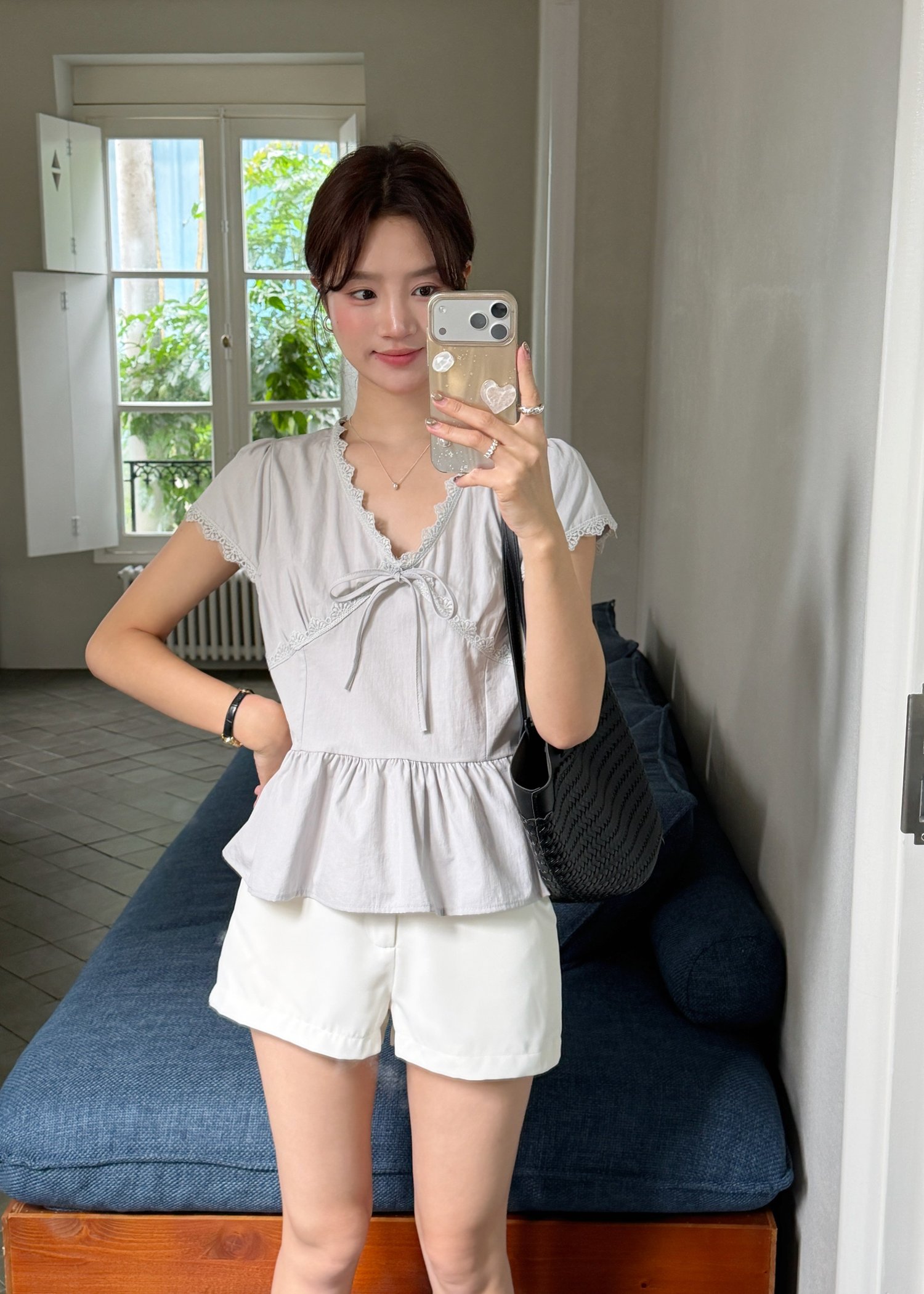 Alice Ribbon Lacey Blouse in Ash Blue