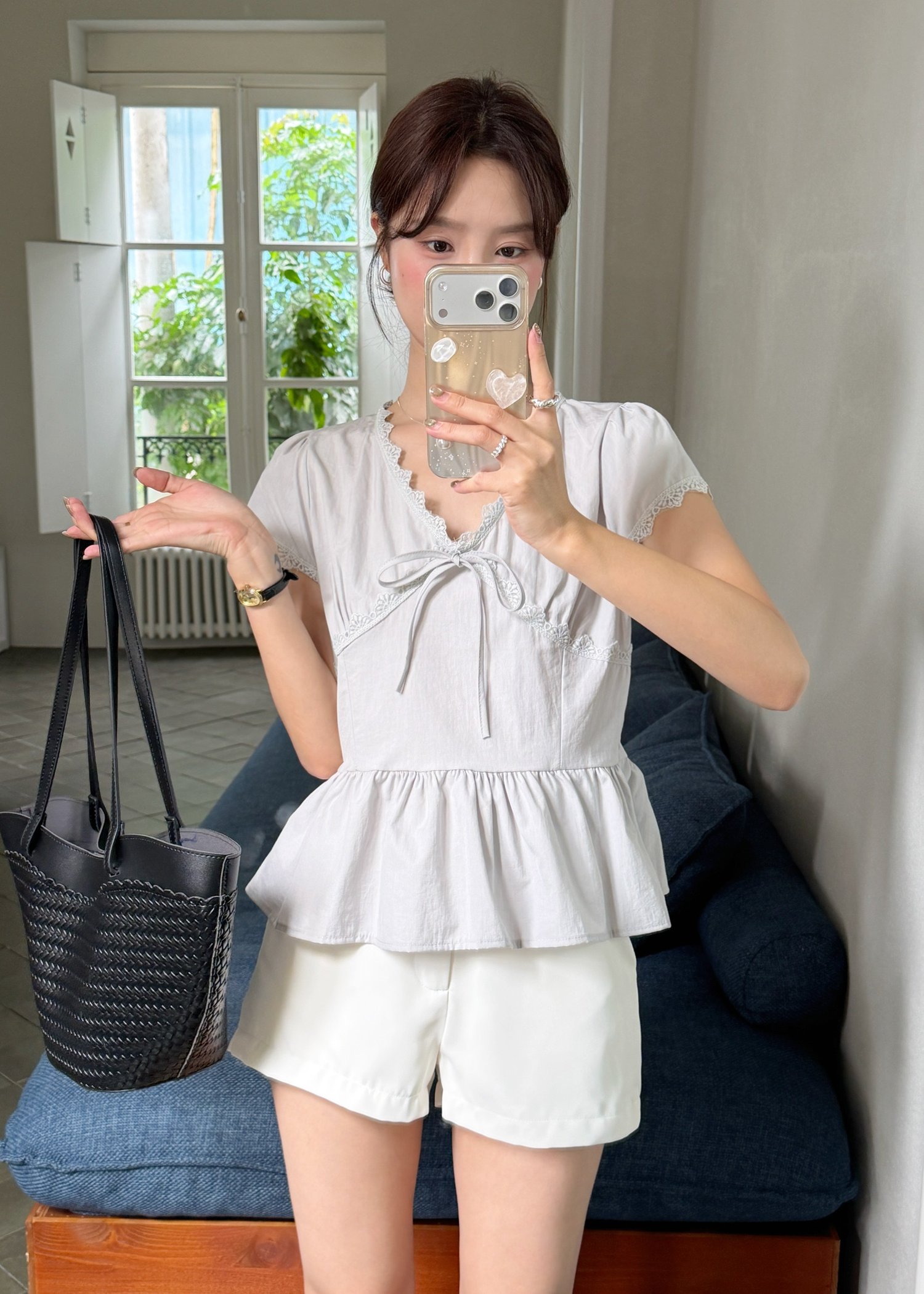 Alice Ribbon Lacey Blouse in Ash Blue