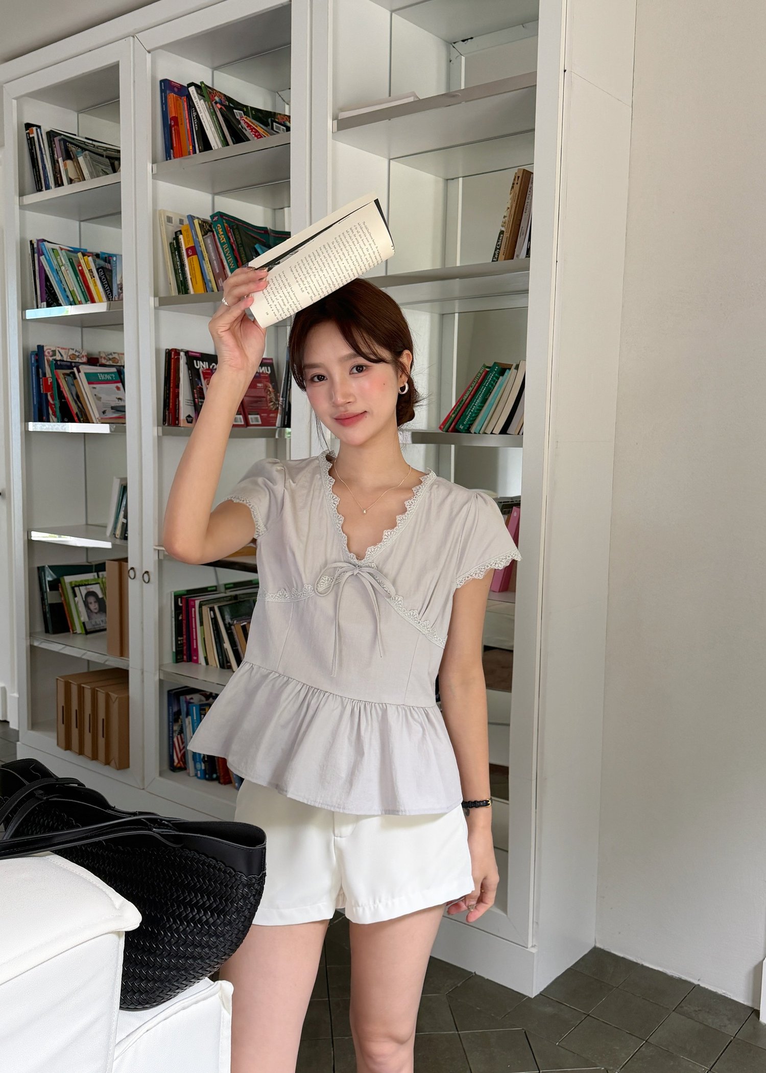 Alice Ribbon Lacey Blouse in Ash Blue