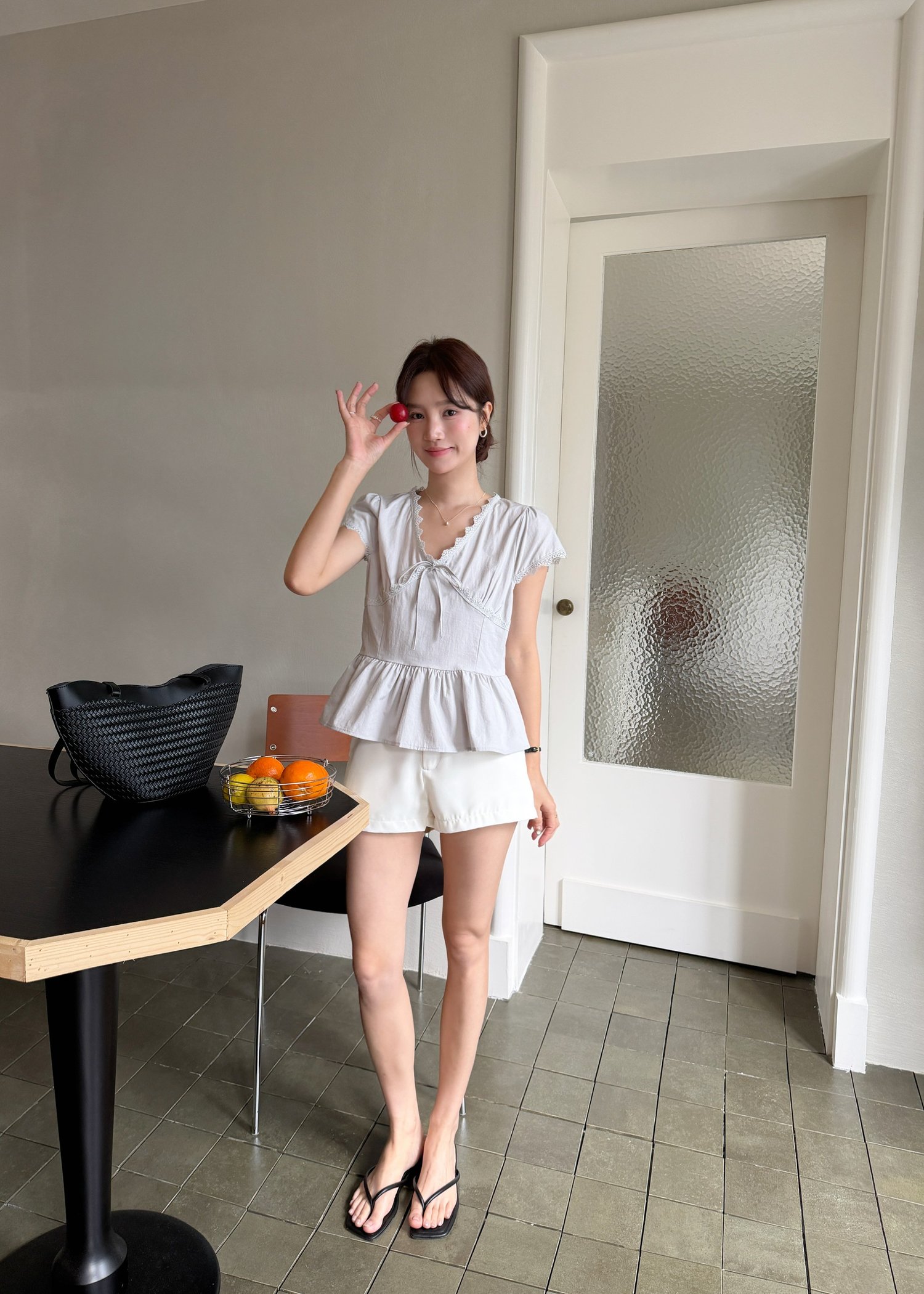 Alice Ribbon Lacey Blouse in Ash Blue