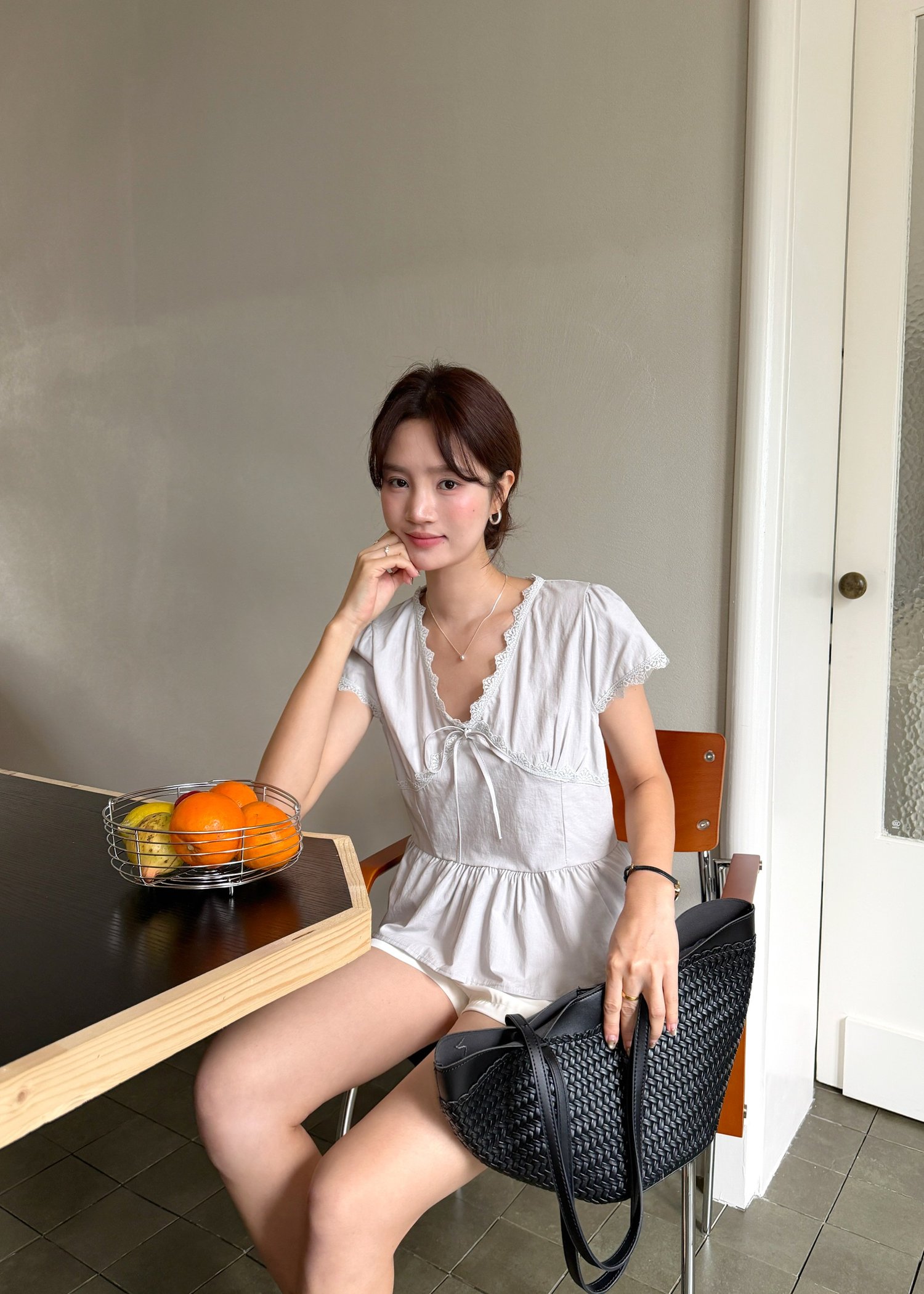 Alice Ribbon Lacey Blouse in Ash Blue