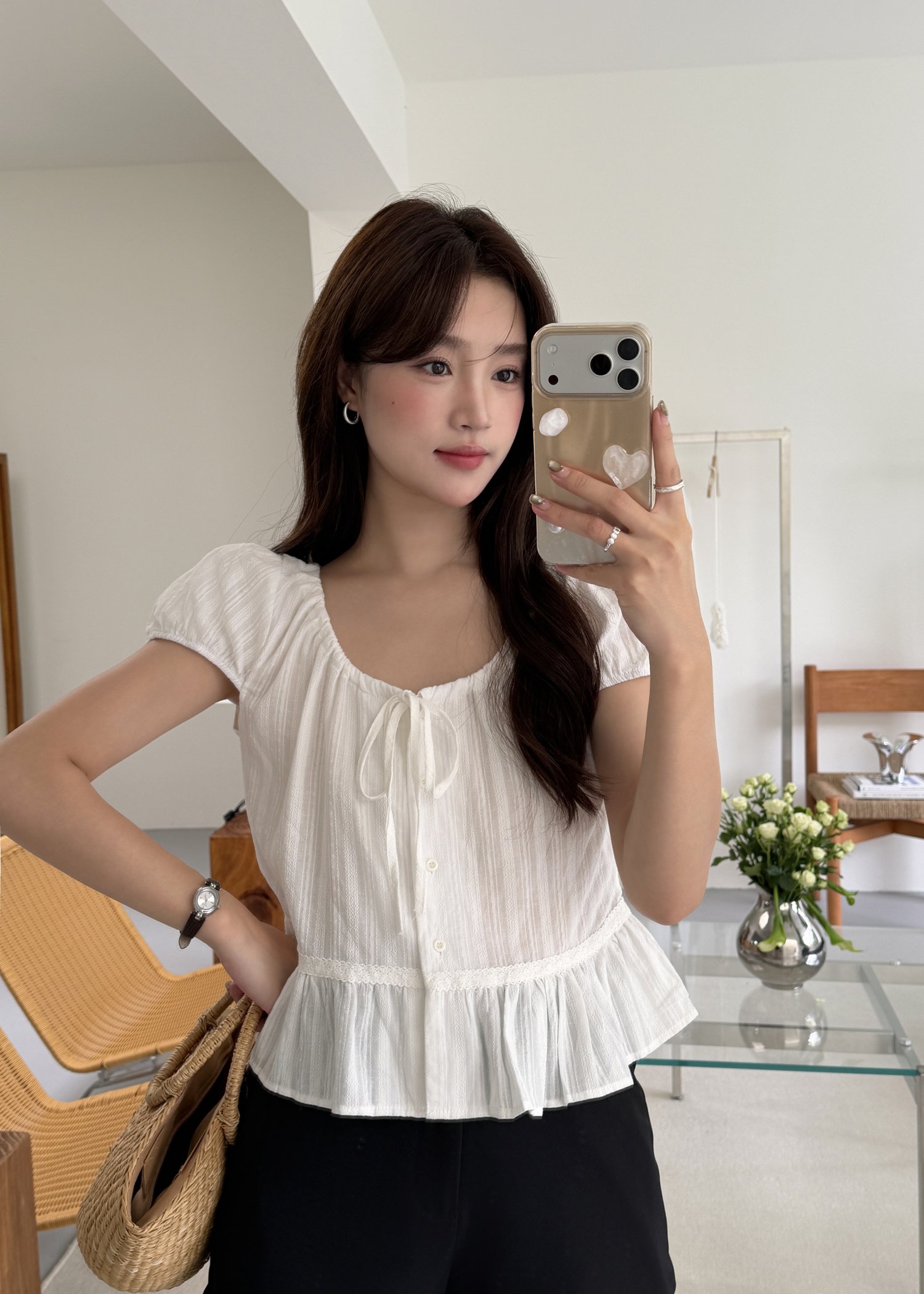 Evelyn Lacey Ribbon Blouse in White