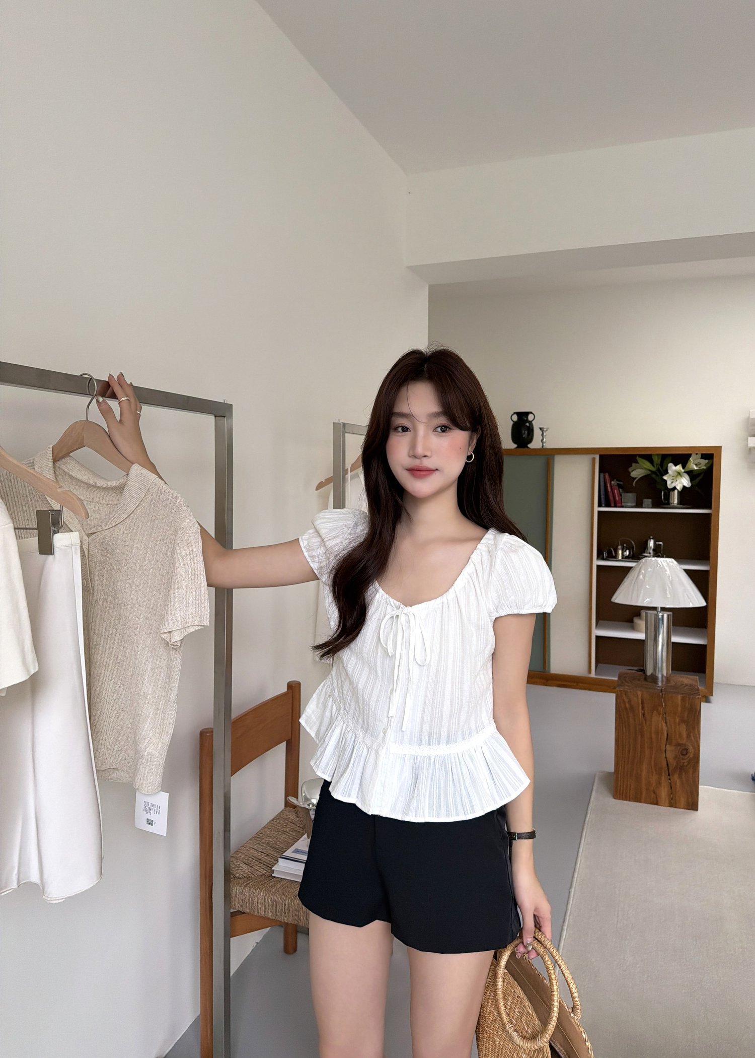 Evelyn Lacey Ribbon Blouse in White