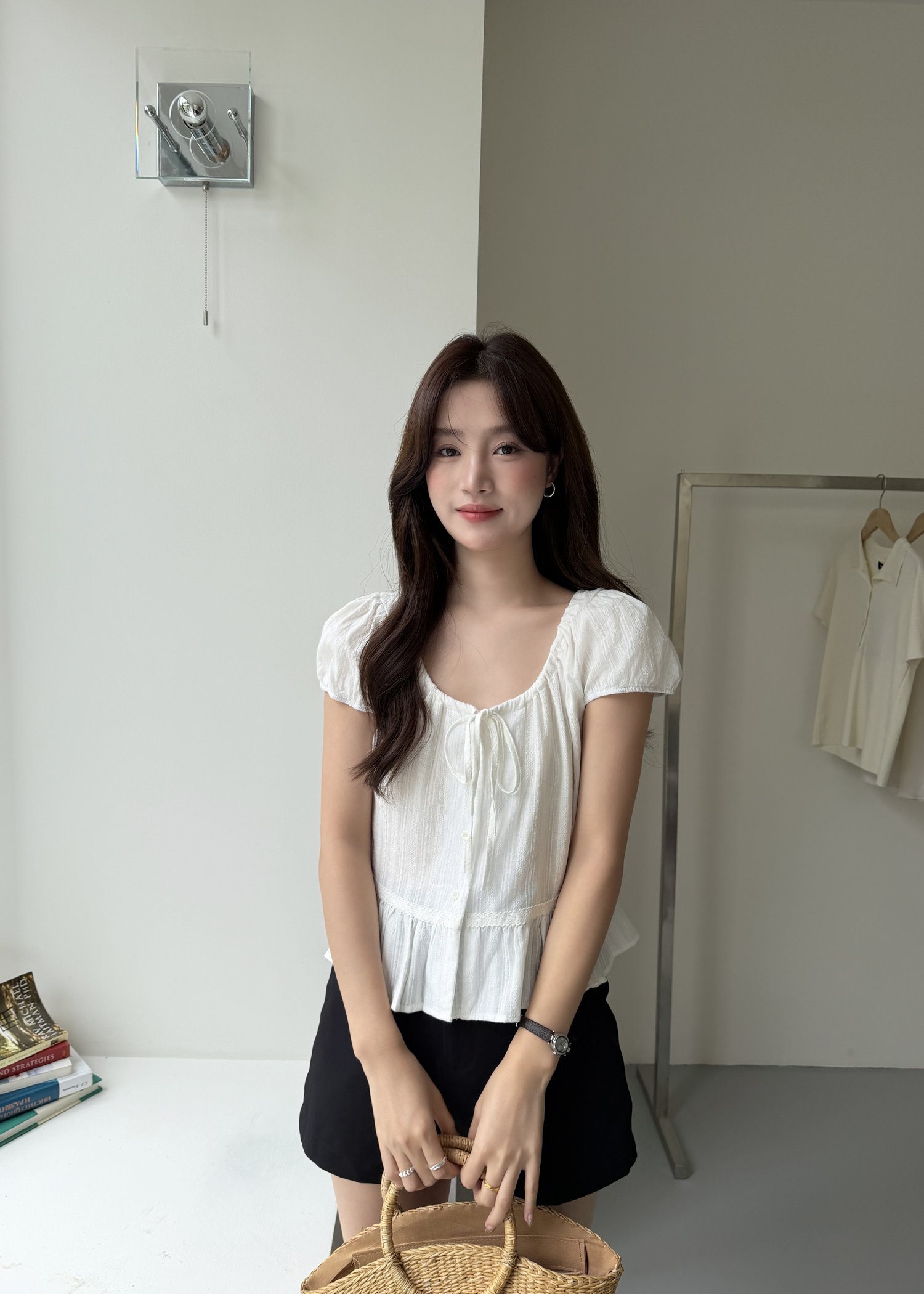 Evelyn Lacey Ribbon Blouse in White