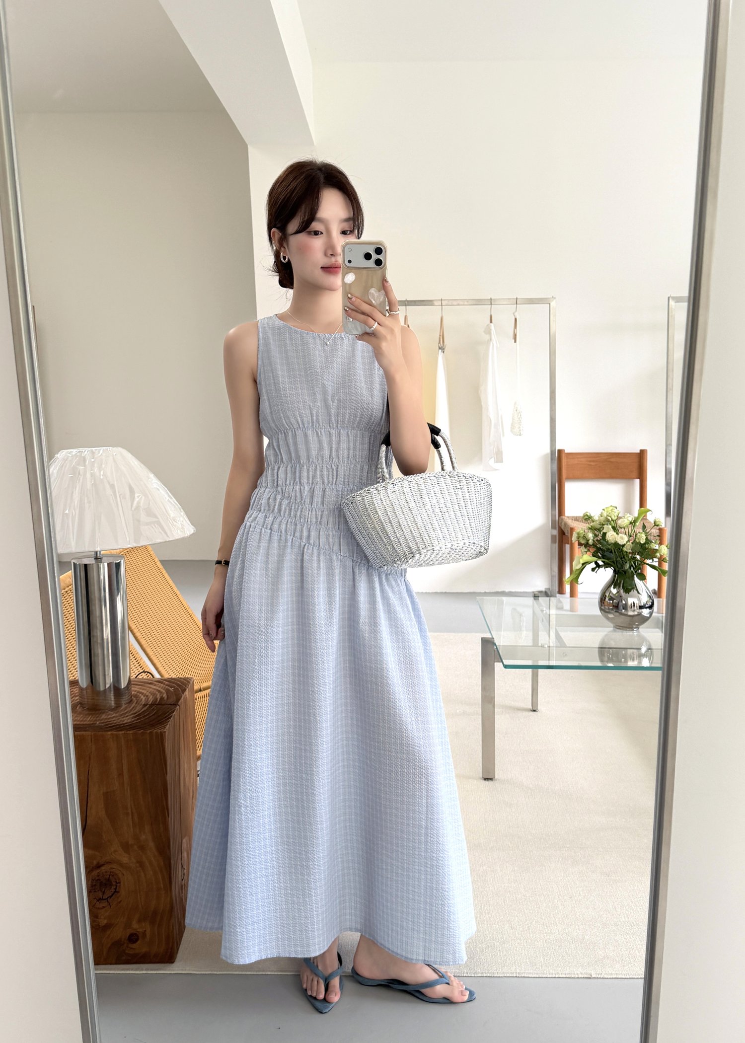 Celeste Grid Long Dress in Blue