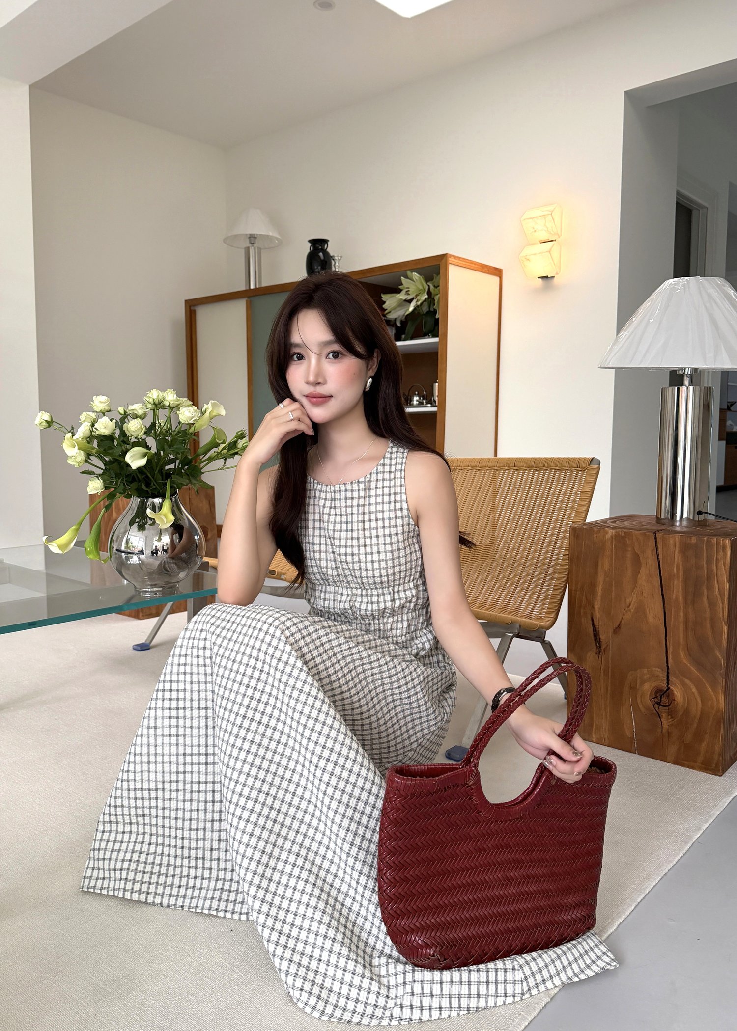 Celeste Grid Long Dress in White