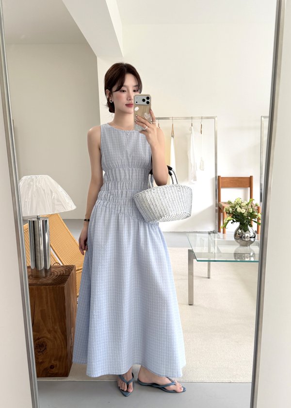 Celeste Grid Long Dress in Blue