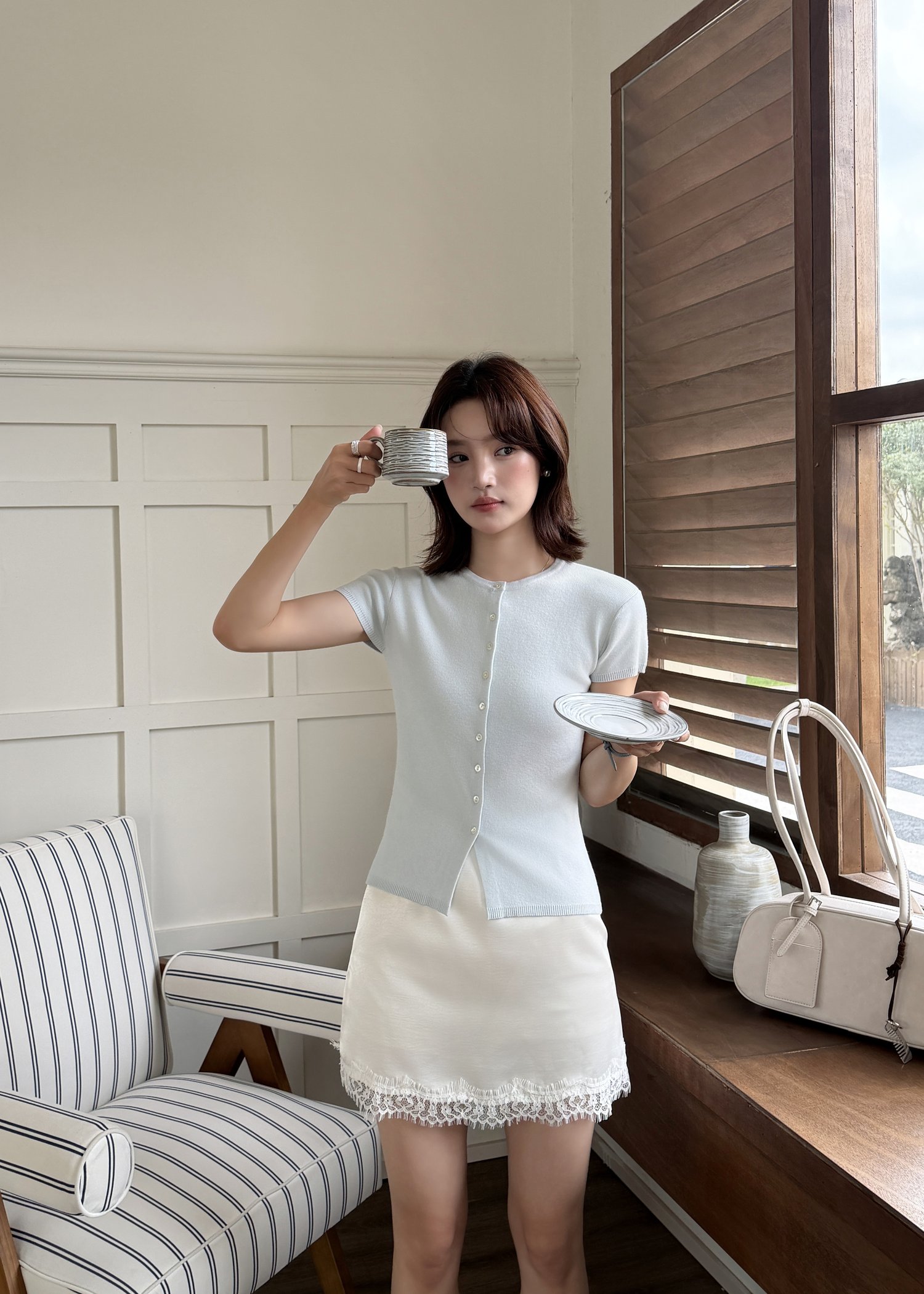 Daphne Buttoned Knit Top in Baby Blue