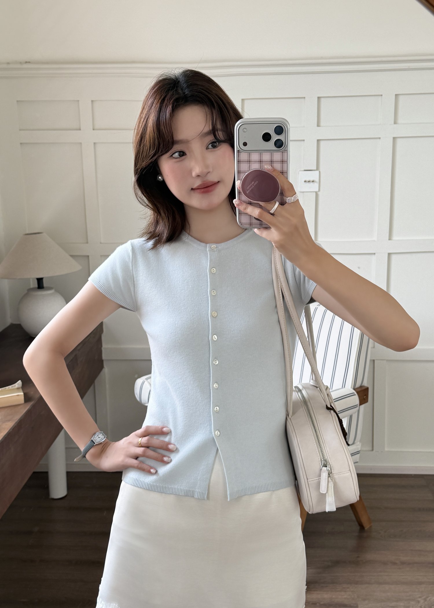 Daphne Buttoned Knit Top in Baby Blue