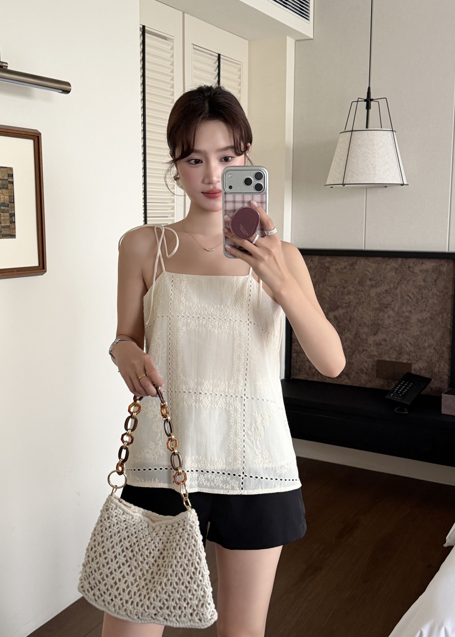 Annie Embroidery Eyelet Top in Apricot