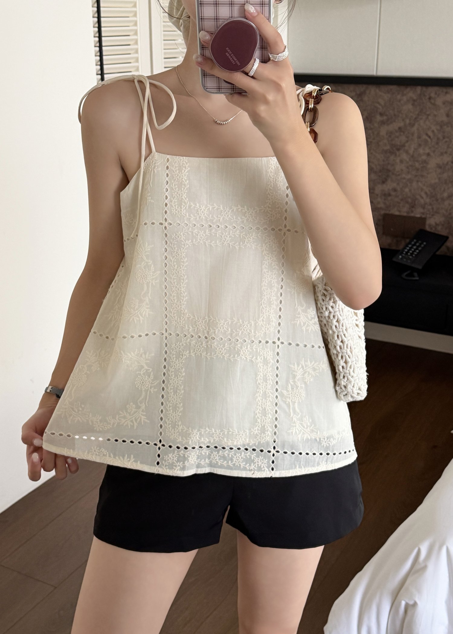 Annie Embroidery Eyelet Top in Apricot