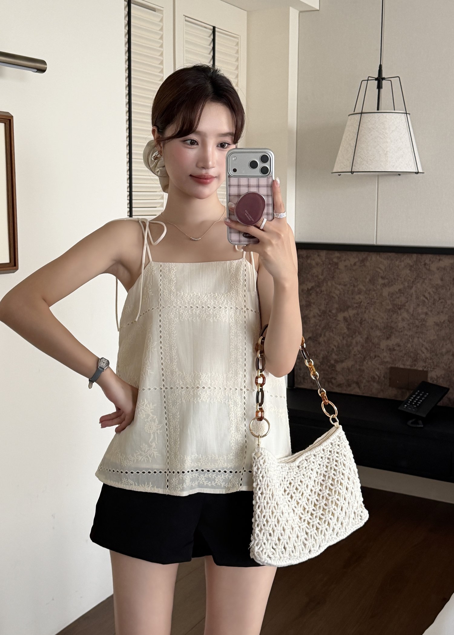 Annie Embroidery Eyelet Top in Apricot