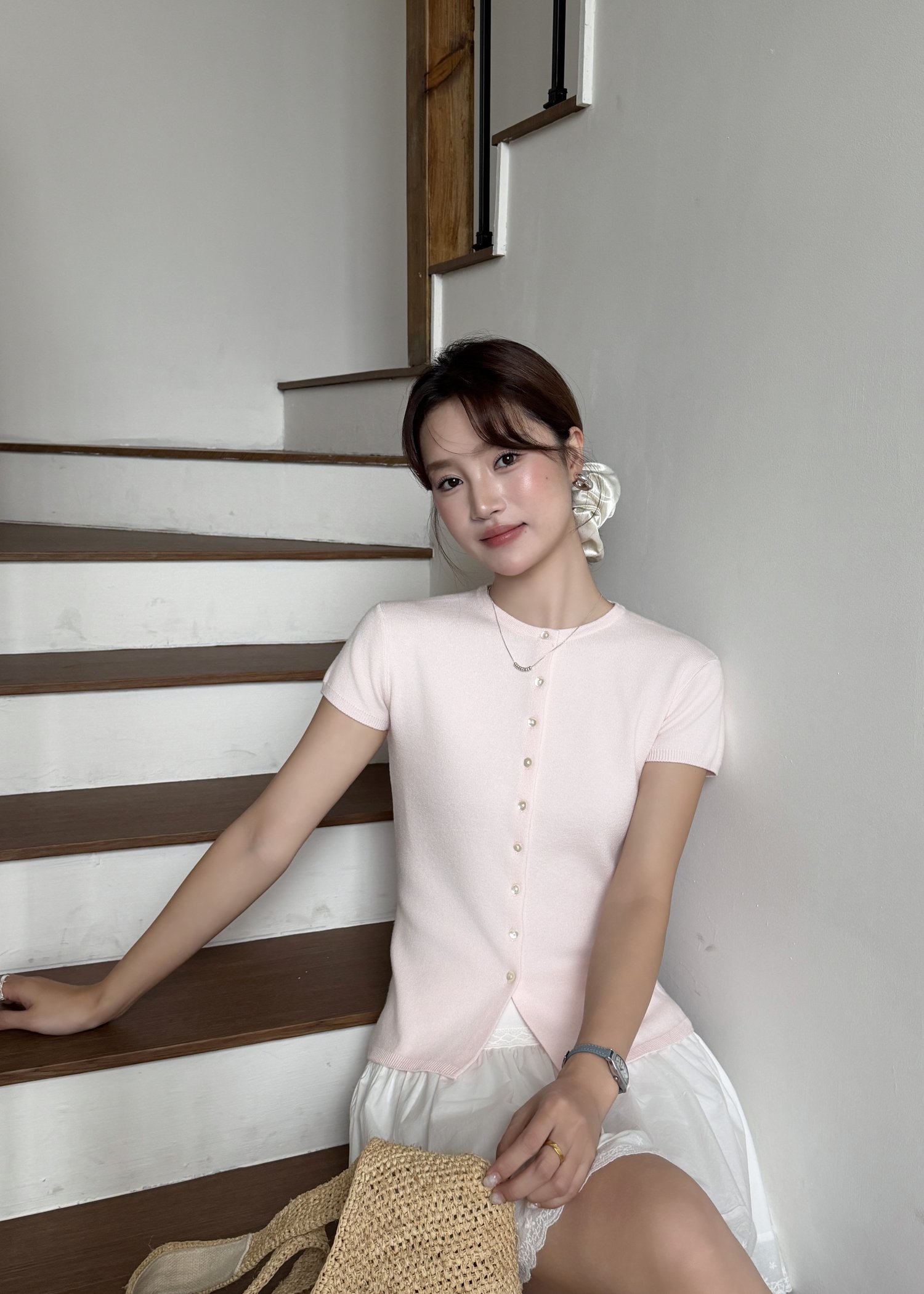 Daphne Buttoned Knit Top in Baby Pink
