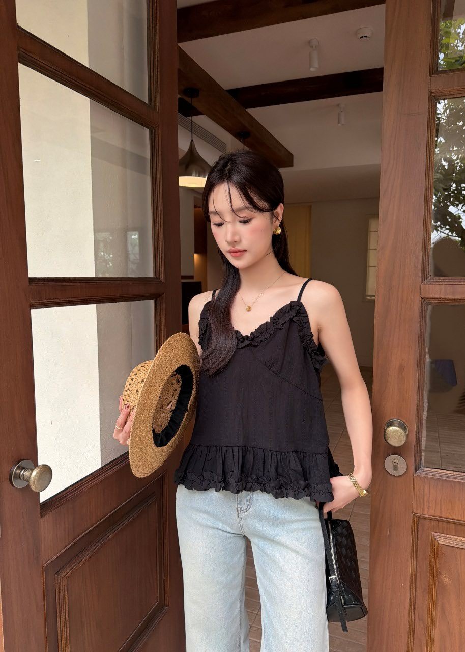 Kathy Ruffle Cami Top in Black