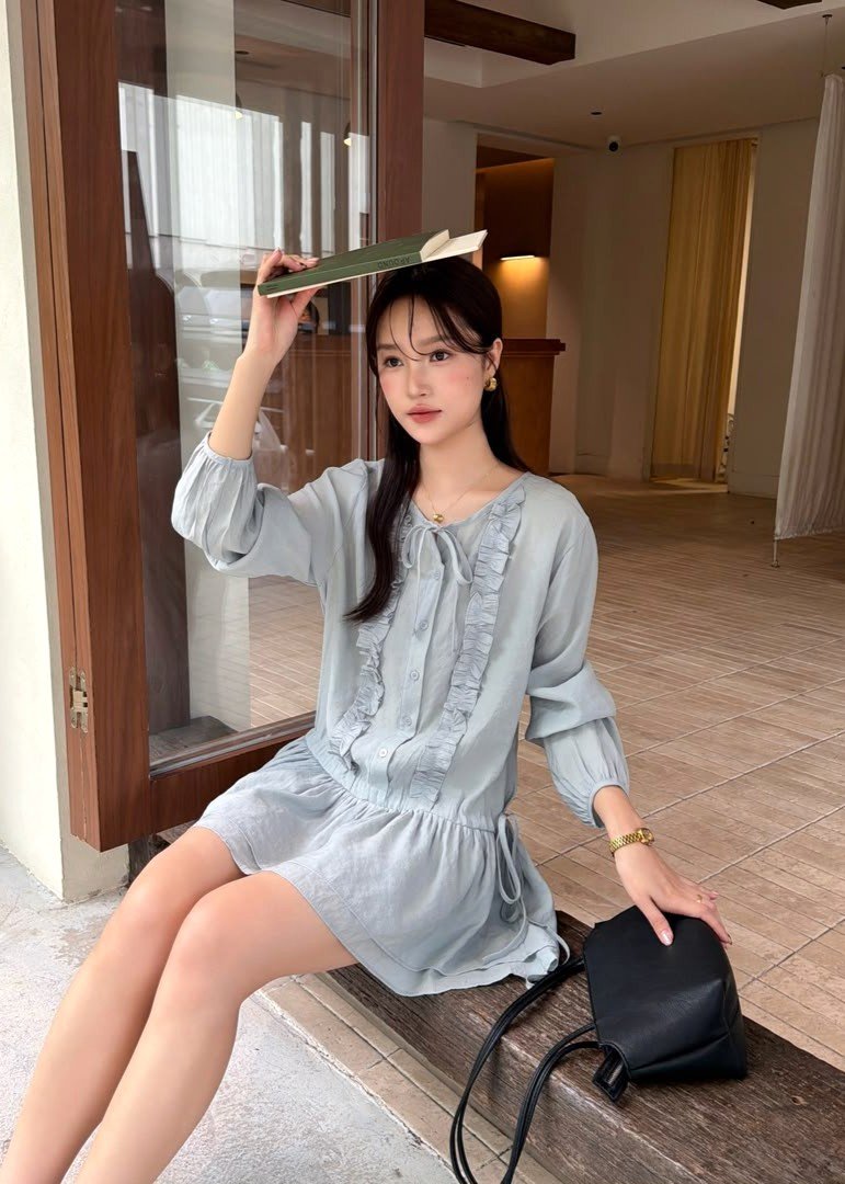 Erene Garden Ruffle Dress in Misty Blue